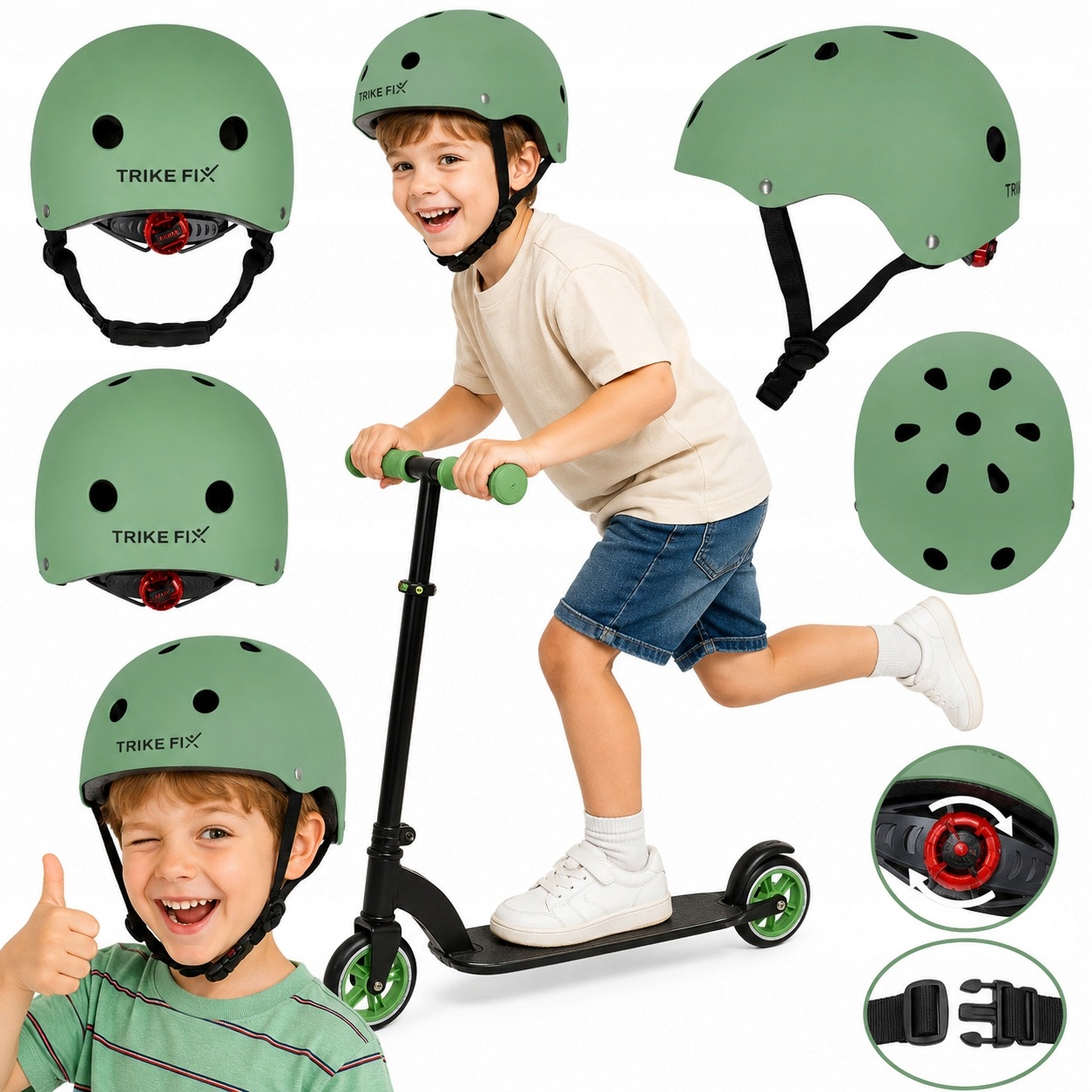 Kask rowerowy Trike Fix dziecięcy regulowany Led S 48-54cm zielony ciemny