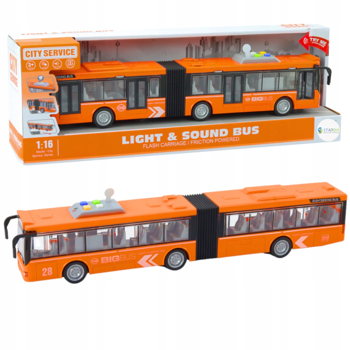 DUŻY AUTOBUS MIEJSKI SZKOLNY NAPĘD DŹWIĘKI ŚWIATŁO LED OTWIERANE DRZWI 1:16