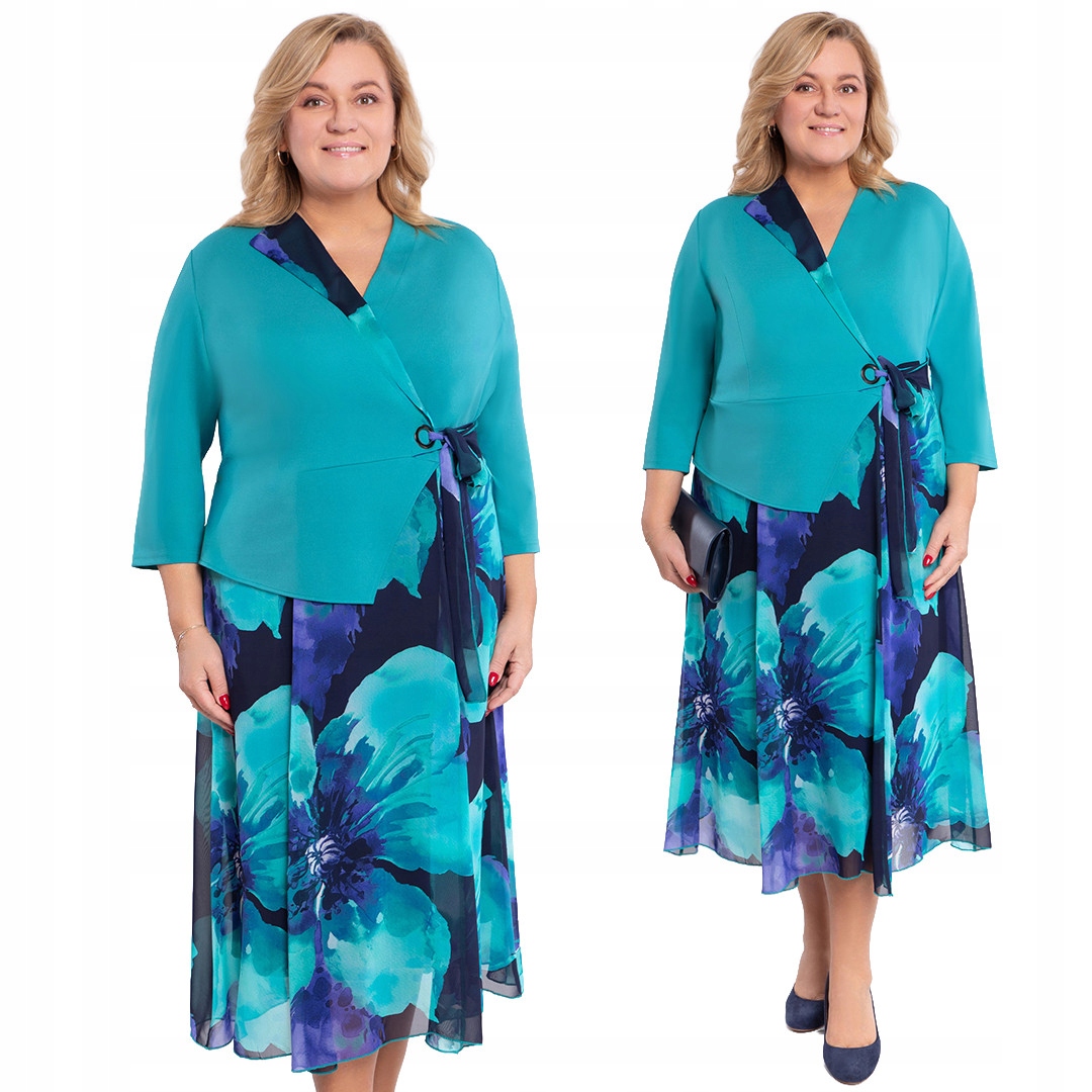 Tyrkysová šaty a’la sako s květinami 60