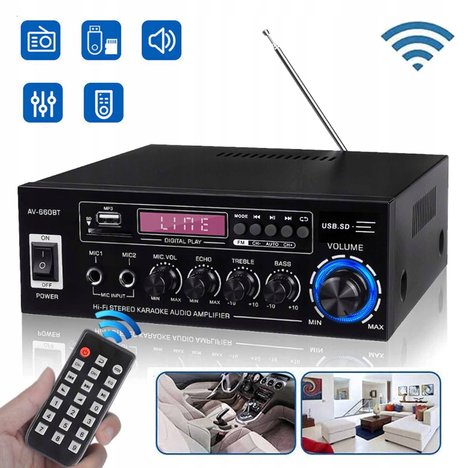 Receiver Stereo Zesilovač AV-660BT Reproduktorů Bluetooth 5.0 Rádio Fm 12V