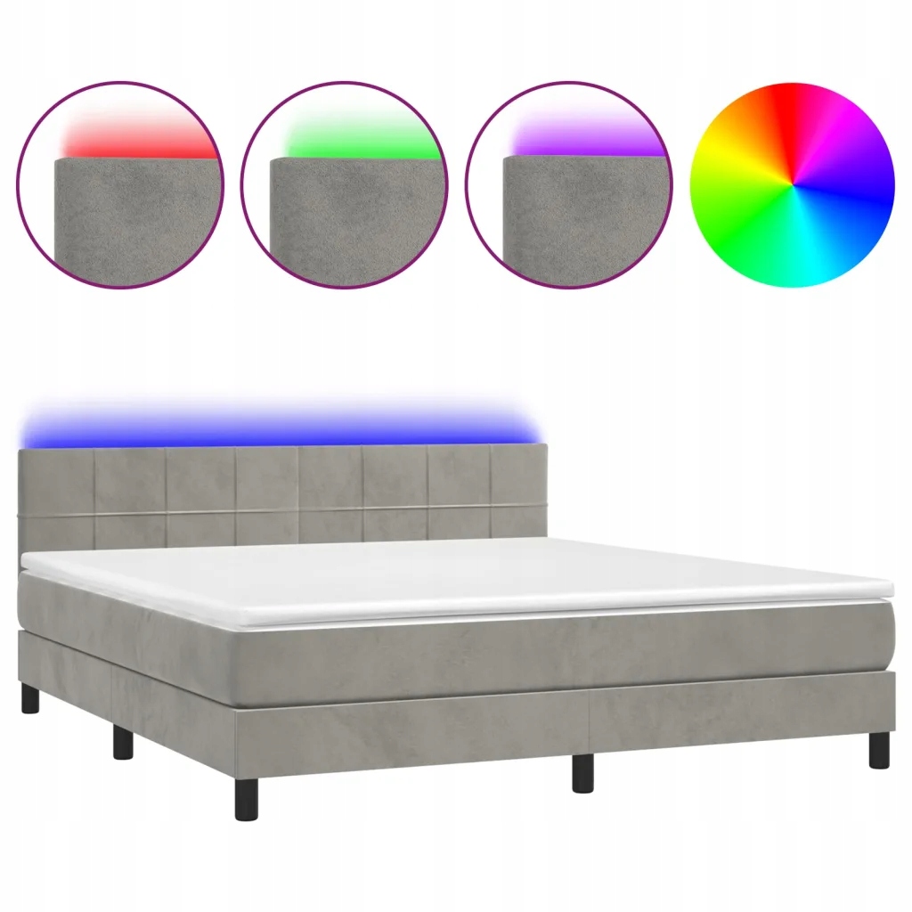 Kontinentální postel s matrací a Led diodami, světle šedá, 203 x 180 x 78/8