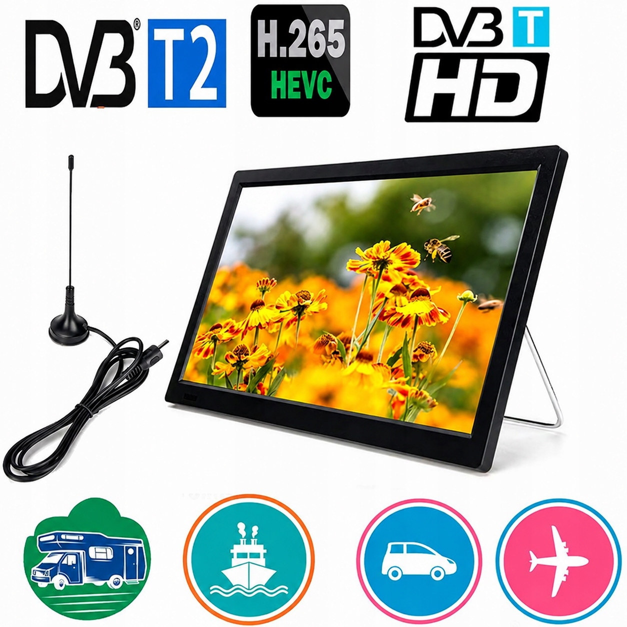 Telewizor Przenośny Samochodowy 14" 12V/24V/230V DVB-T2 Kamper