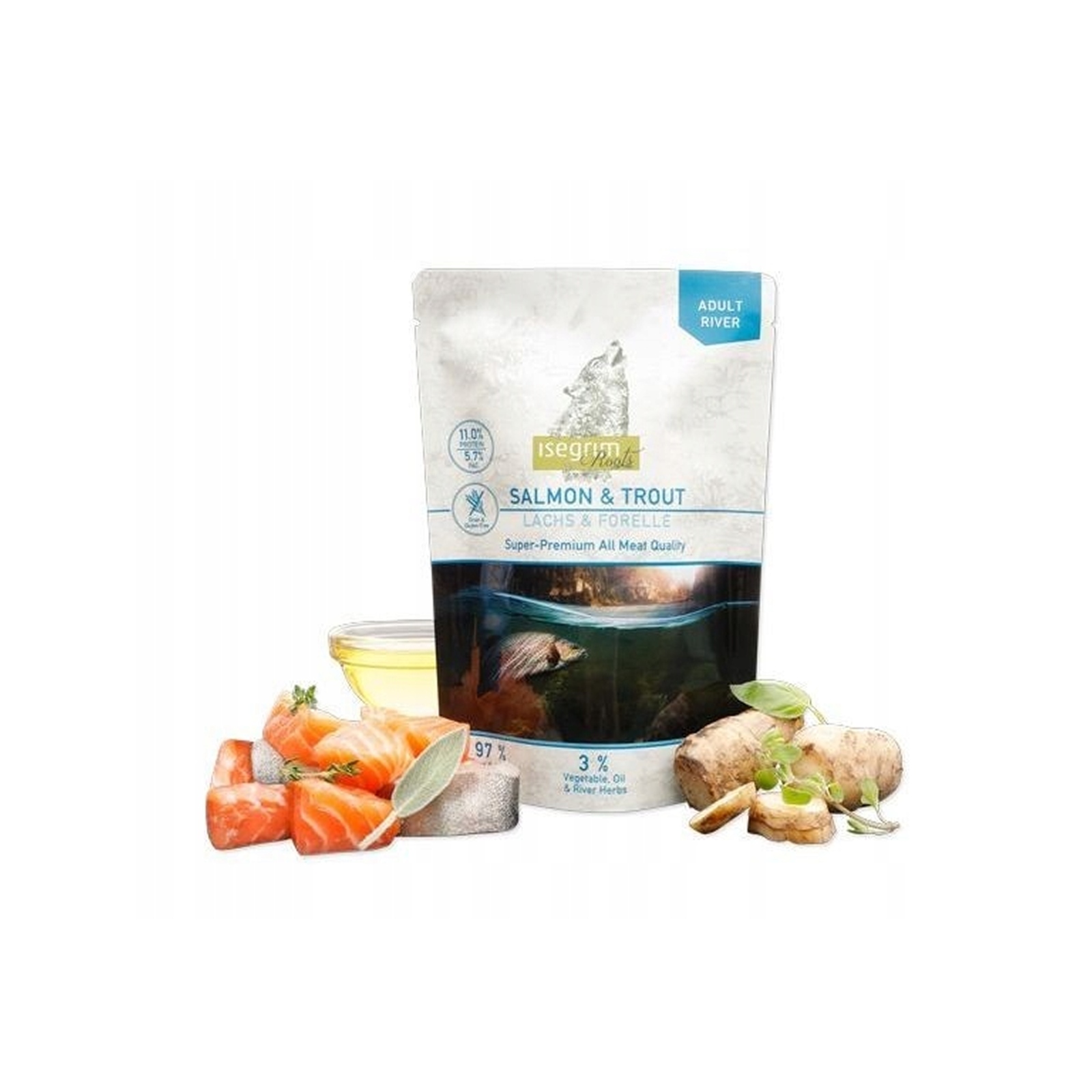 Levně Isegrim Premium root Vlhké krmivo pro psy Adult Losos Pstruh 24x410 g