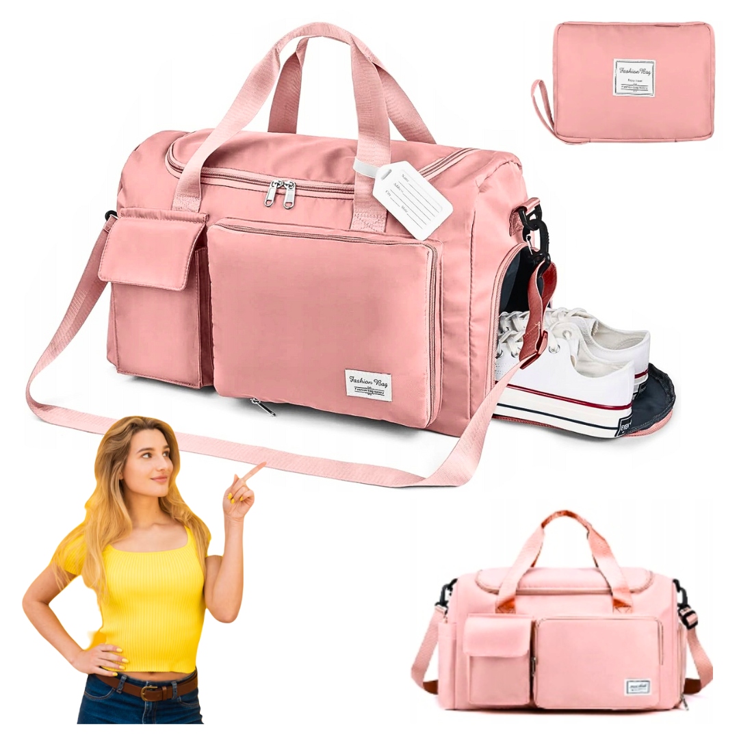 Składana Torba Sportowa Podróżna Treninowa Różowa 35L Wiele Kieszeni