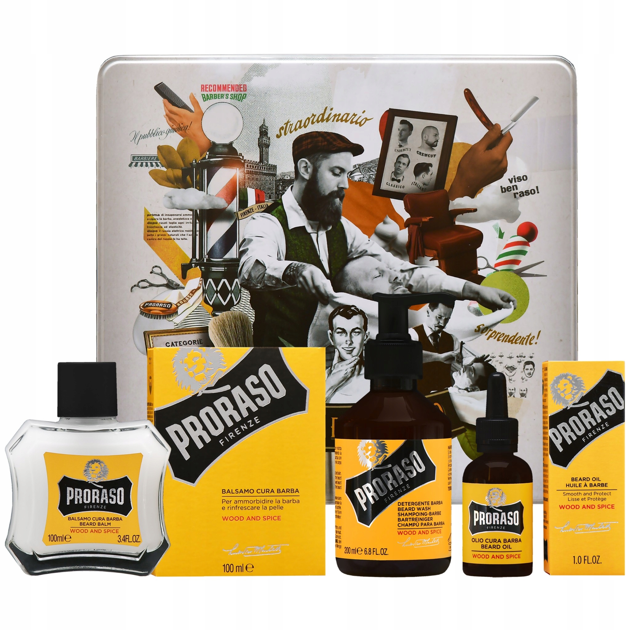 Proraso Wood & Spice sada na vousy šampon, balzám a olej v krabičce