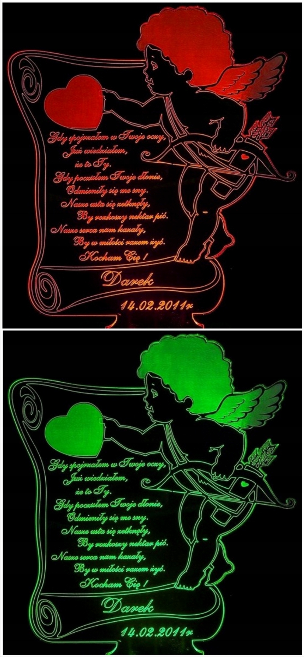 WALENTYNKI PODŚWIETLANA STATUETKA Z ZDJĘCIEM AMOR Motyw anioł miś serce