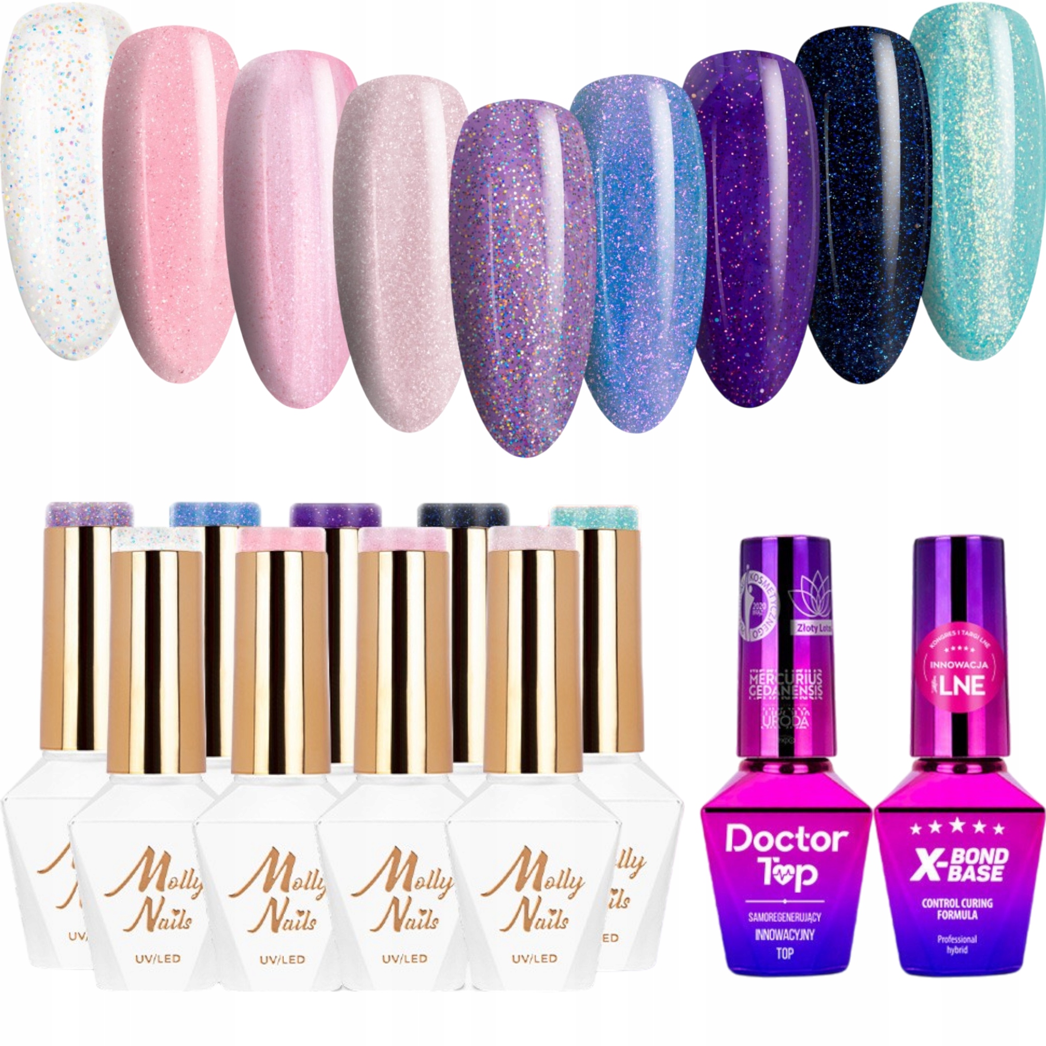 9x Hybridní lak Mollynails 8g Winter Crystalize Báze Top Set