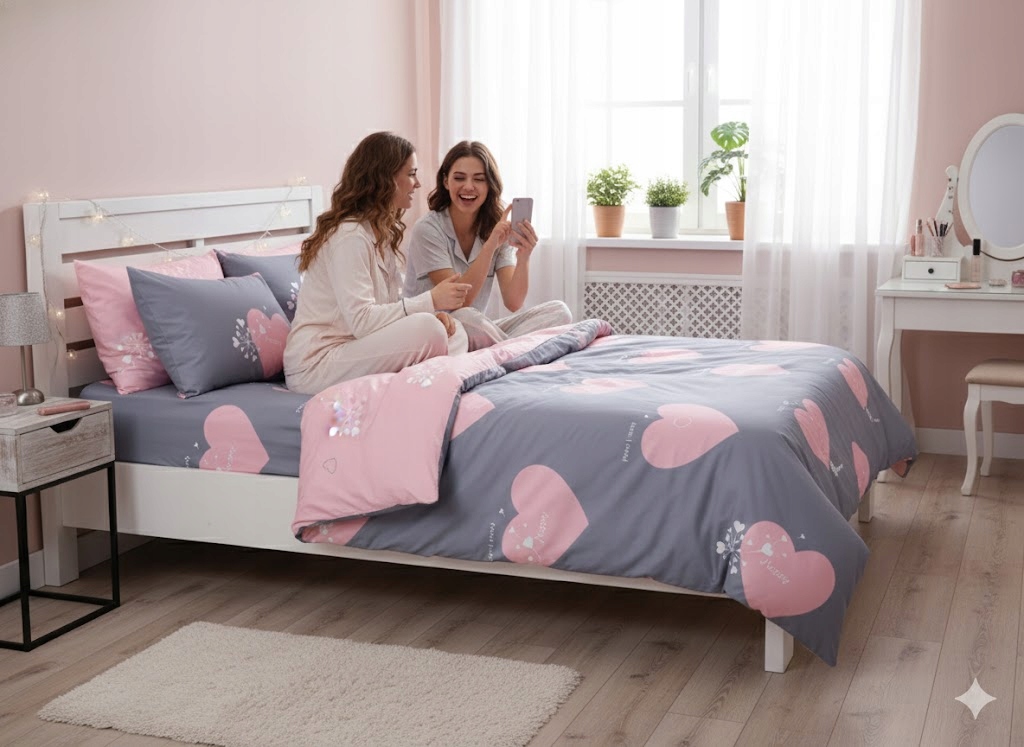 3 szt. Różowe serce Szary 100% bawełniana poszwa na kołdrę Zestaw Sypialnia 180×200 cm