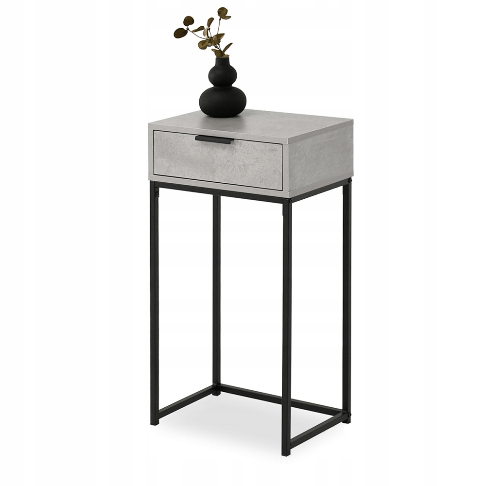 WĄSKA KONSOLA PRZYŚCIENNA Z SZUFLADKĄ NORA S BETON CZARNE METALOWE NOGI