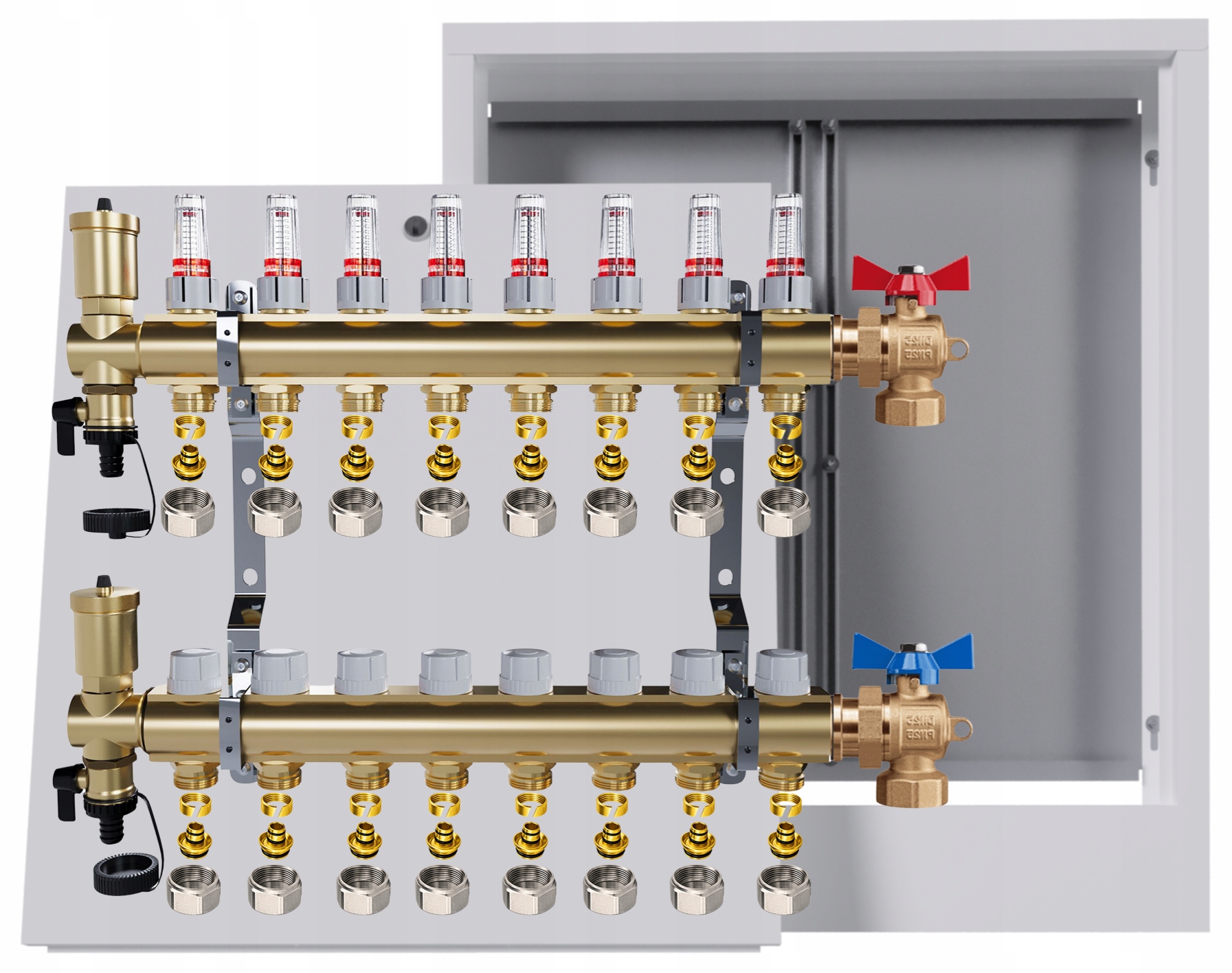 Rozdělovač mosazný podlahový 8 okruhů skříňka na omítku kulový Pex