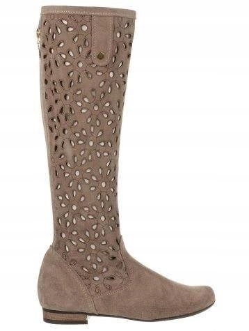 Dámské semišové kozačky s ažurovým vzorem, barva tmavě béžová 40