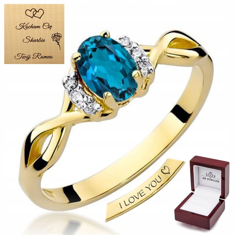Złoty 14K Pierścionek Topaz London Blue Diamenty