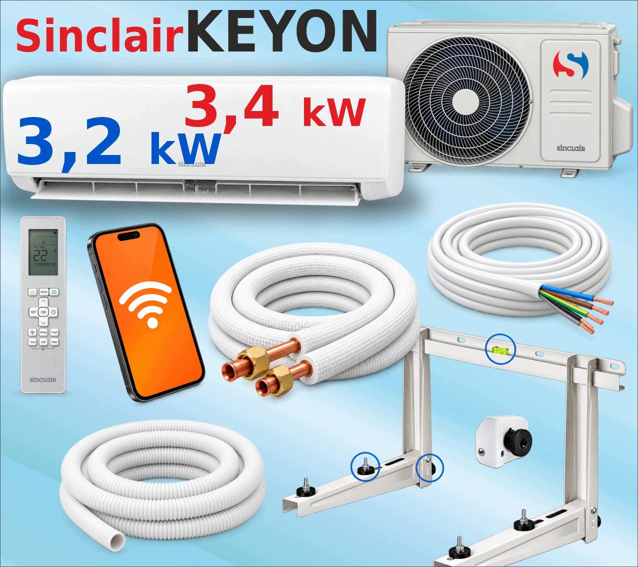 Klimatizace Sinclair Keyon 3,2 kW WiFi trubky Cu 3 mb věšák Set mont