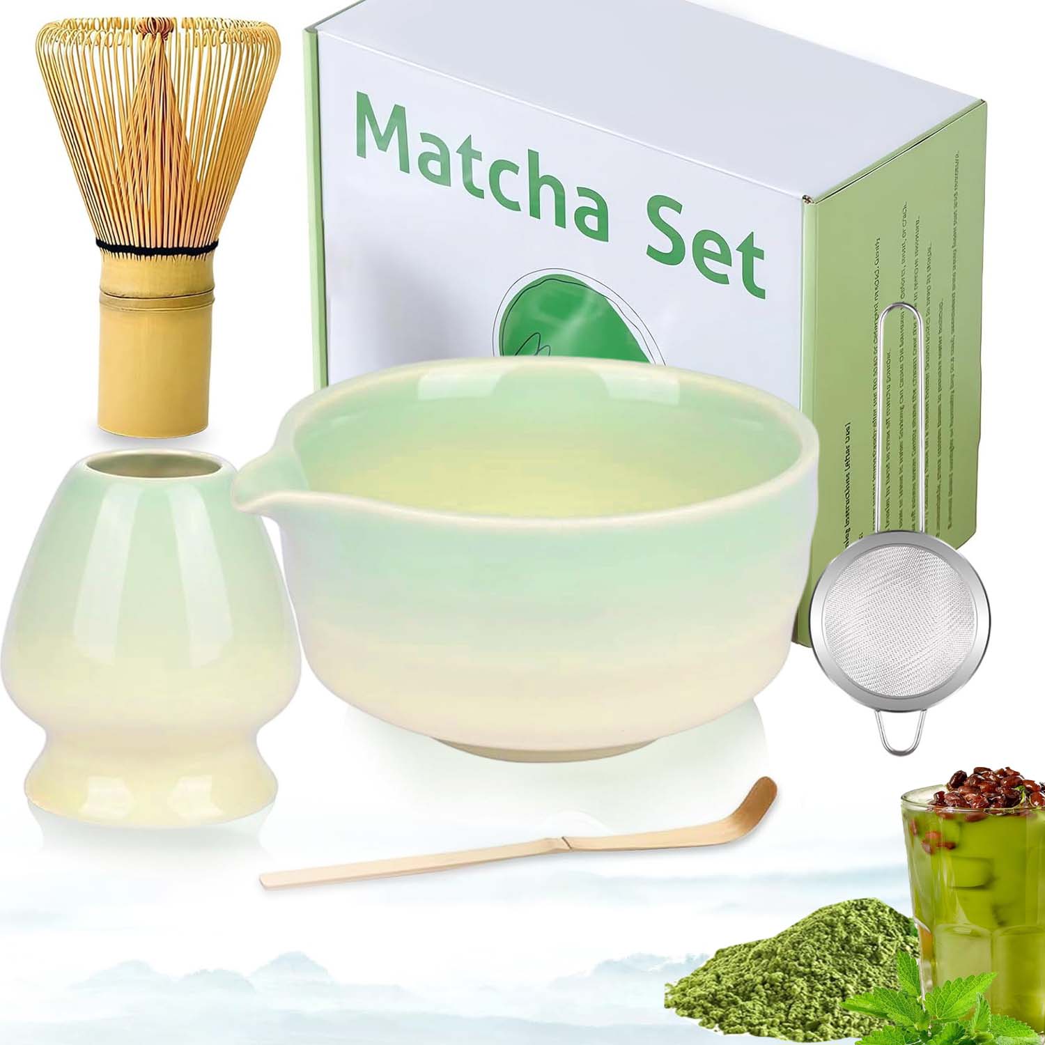 Levně Dárková Sada Na Čaj Matcha Šálek Metla Podstavec Lžička 5V1