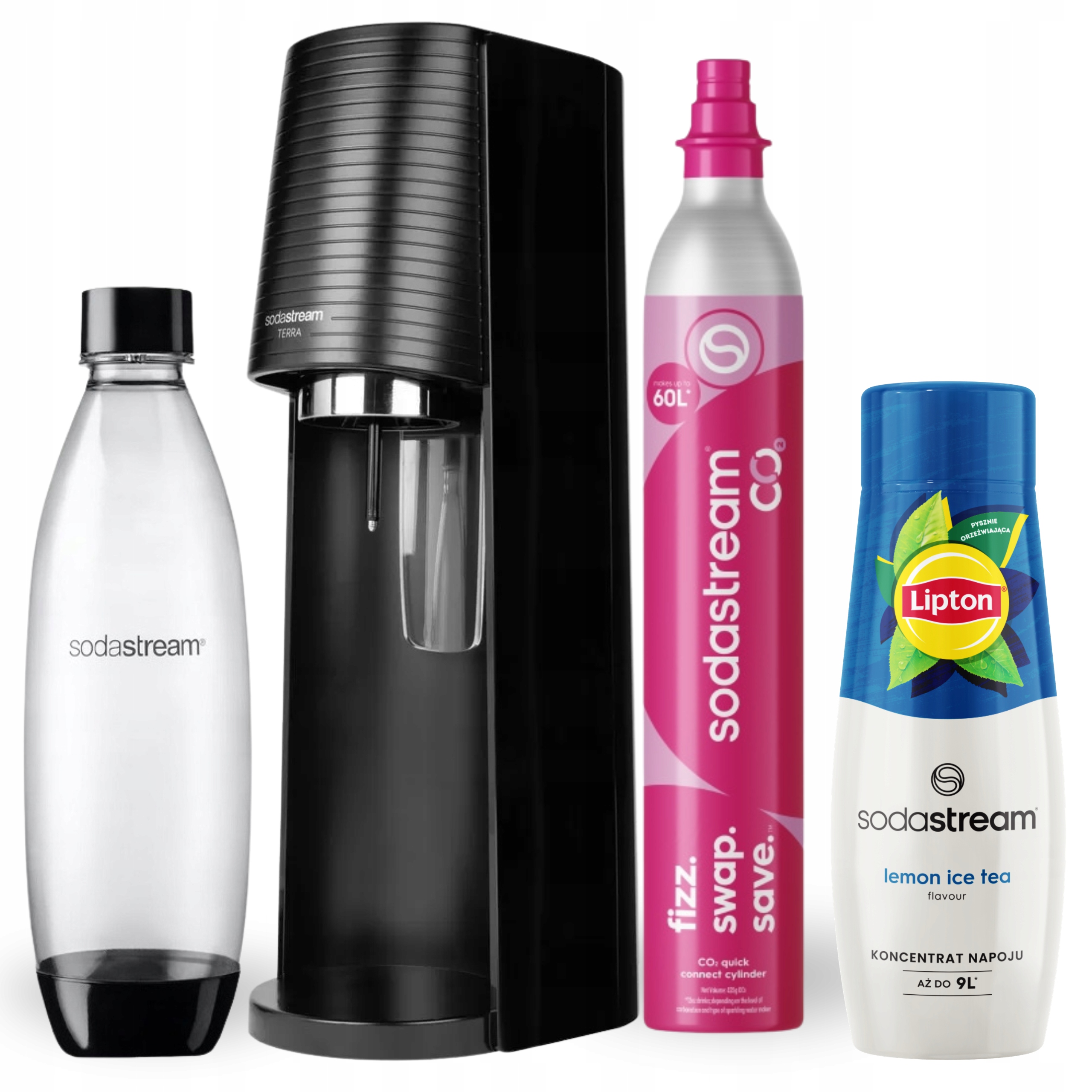 Saturátor SodaStream Terra čierny fľaša 1L sirup Lipton Ice Tea Lemon