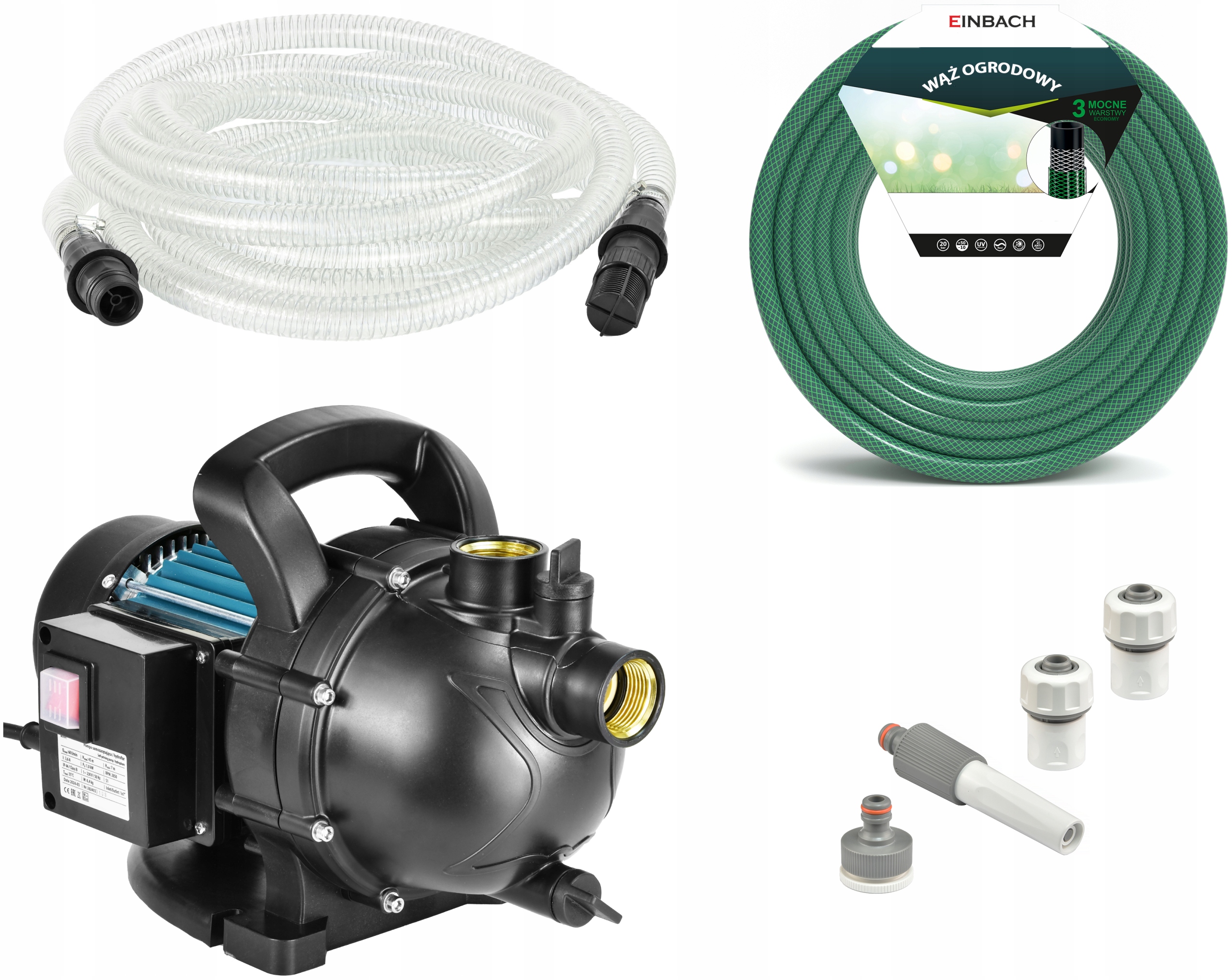 Zestaw Pompa Do Podlewania Ogrodu Hydrofor Wydajny Komplet Wąż 30M Zraszacz