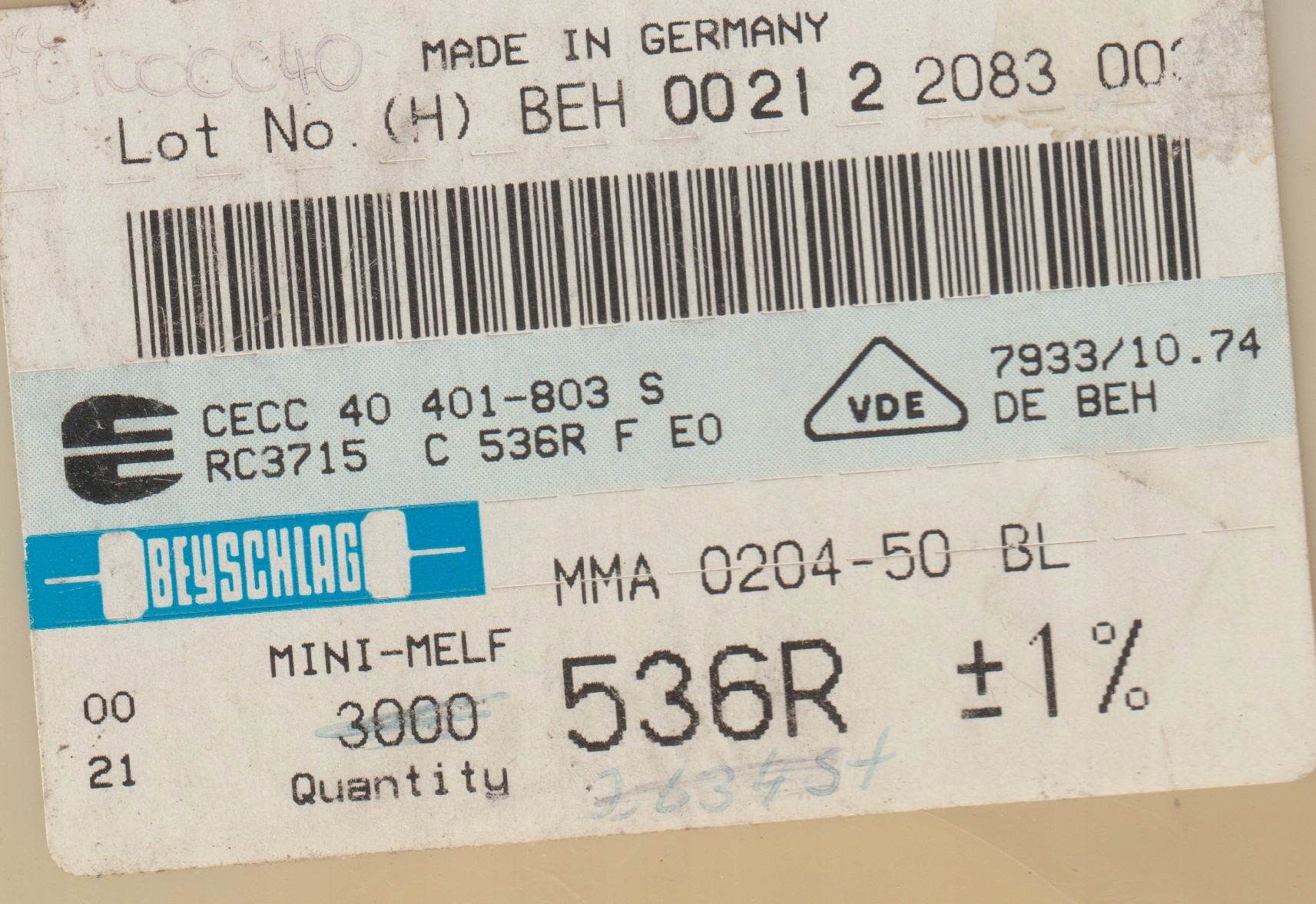 [100szt] 536R 1% 50ppm rezystor Smd minimelf MMA0204 Beyschlag low noise