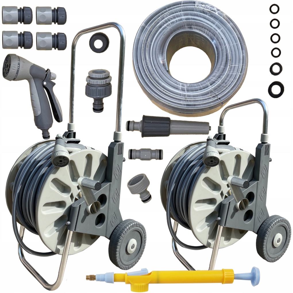 WĄŻ OGRODOWY NA WÓZKU BĘBEN WÓZEK ZWIJACZ PISTOLET ZRASZACZ ZESTAW 1/2-50m