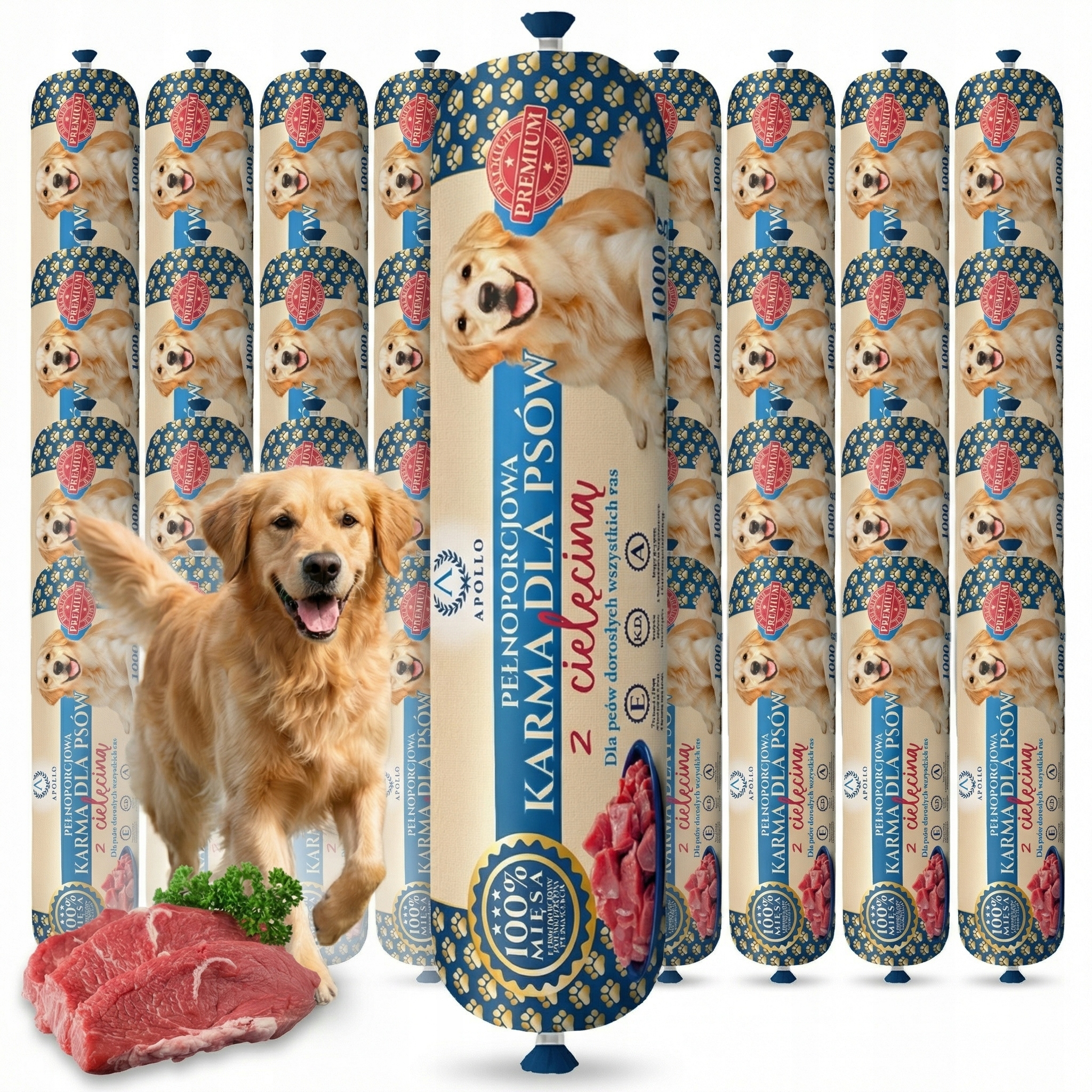 Levně 19x1KG Krmivo pro psa tyčinka Apollo 100% maso mokrá klobása Telecí