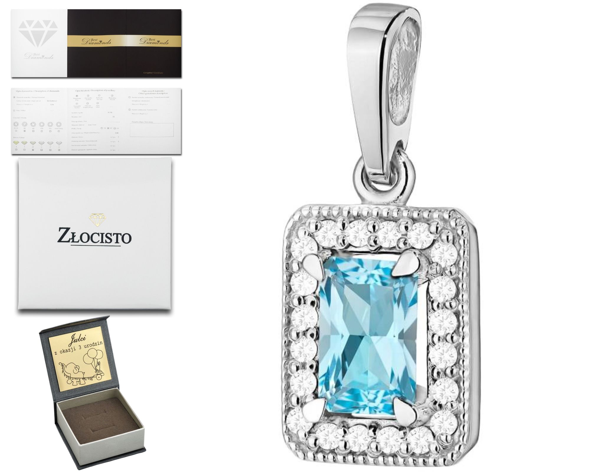 Bílé Zlato Přívěsek Přírodní Kámen Topaz Diamanty 585 Dárek