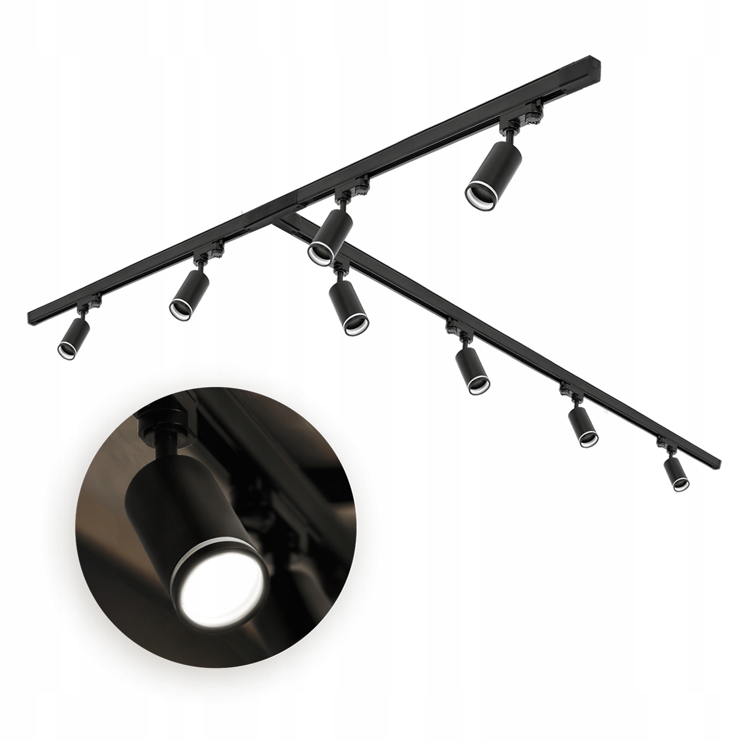 Zestaw Szynowy 3 FAZOWY CZARNY 8x OPRAWA na GU10 +Szyna 1m+1m+2m Łącznik T