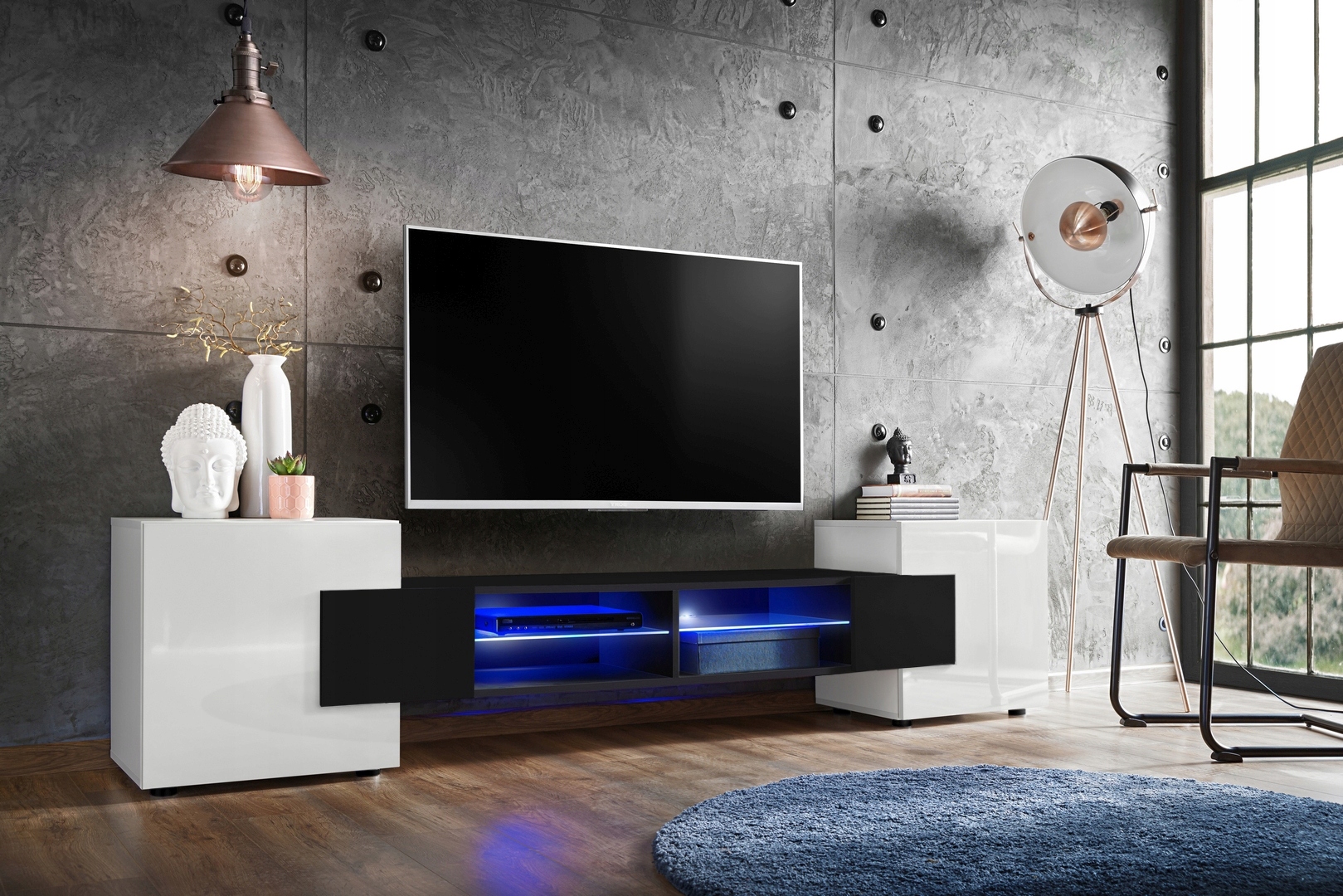 Pan Igiełka Szafka RTV LED Połysk Mat Czarny Biały Dąb Wotan Loft