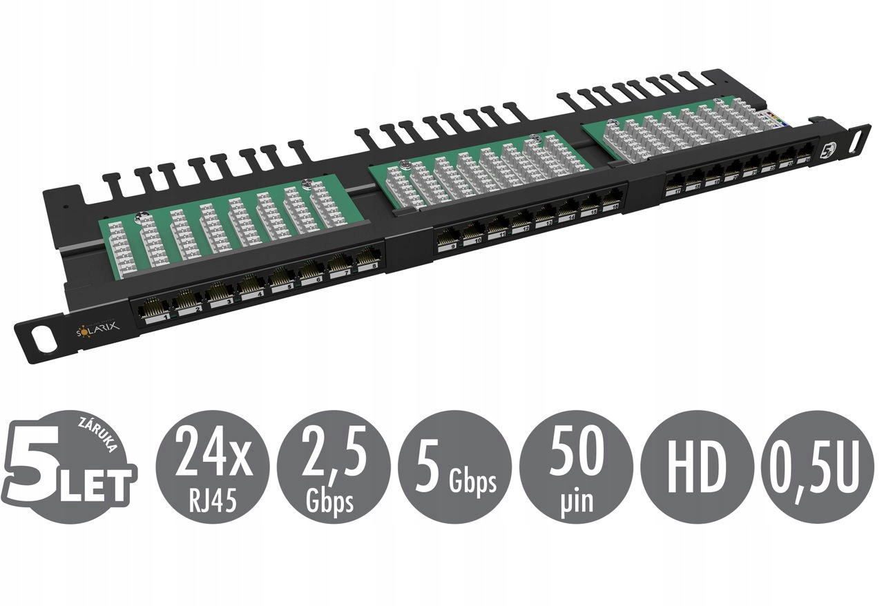 19" patch panel Solarix 24xRJ45 CAT5E Utp s vyvazovací lištou černý 0,5U