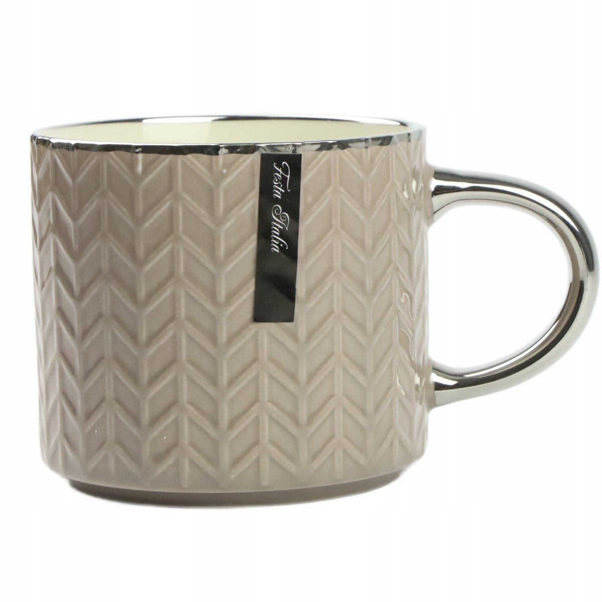 KUBEK PORCELANOWY DO KAWY HERBATY WZÓR SWETEREK 470ML ZE SREBRNYM UCHEM