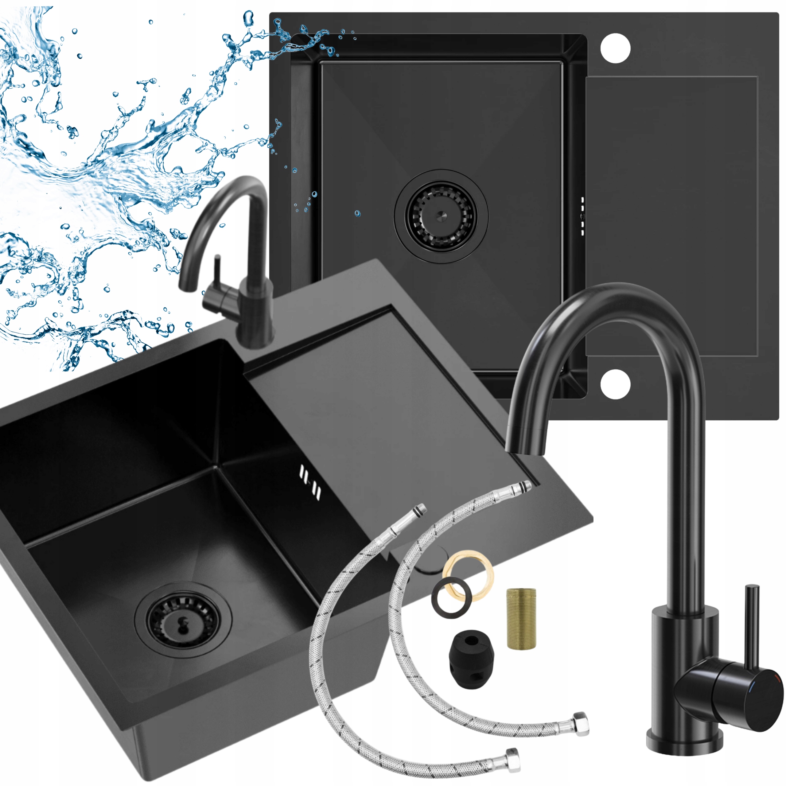 Oceľový Jednokomorový Drez, Čierny S Odkvapkávačom A Kuchynskou Batériou