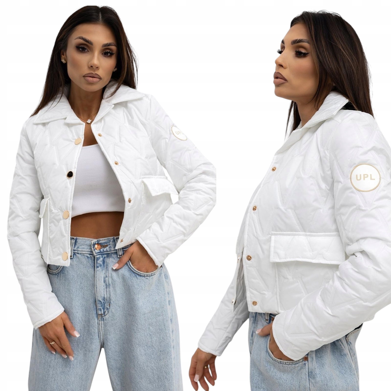 Dámská prošívaná bunda Krátká jarní zlatá druky Polská výroba Bílá S