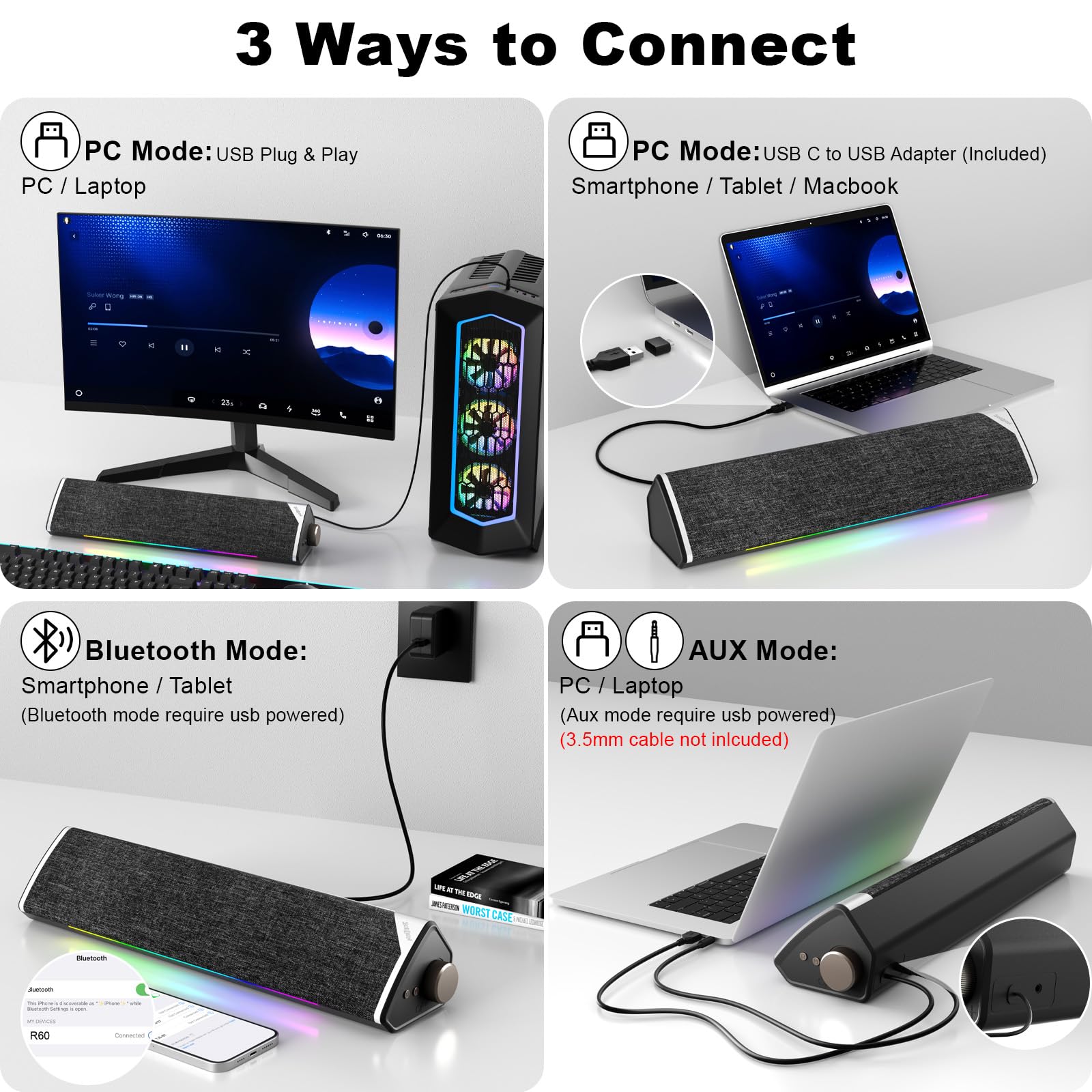 SOULION R60 Głośniki PC USB Bluetooth Soundbar LED Do Laptopa Gamingu — miniatura 5