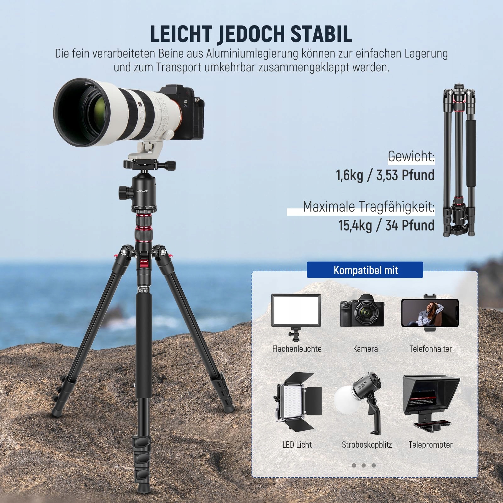 NEEWER Statyw Do Aparatu 77" DSLR Telefon 360° Głowica Panoramiczna ALU — miniatura 2