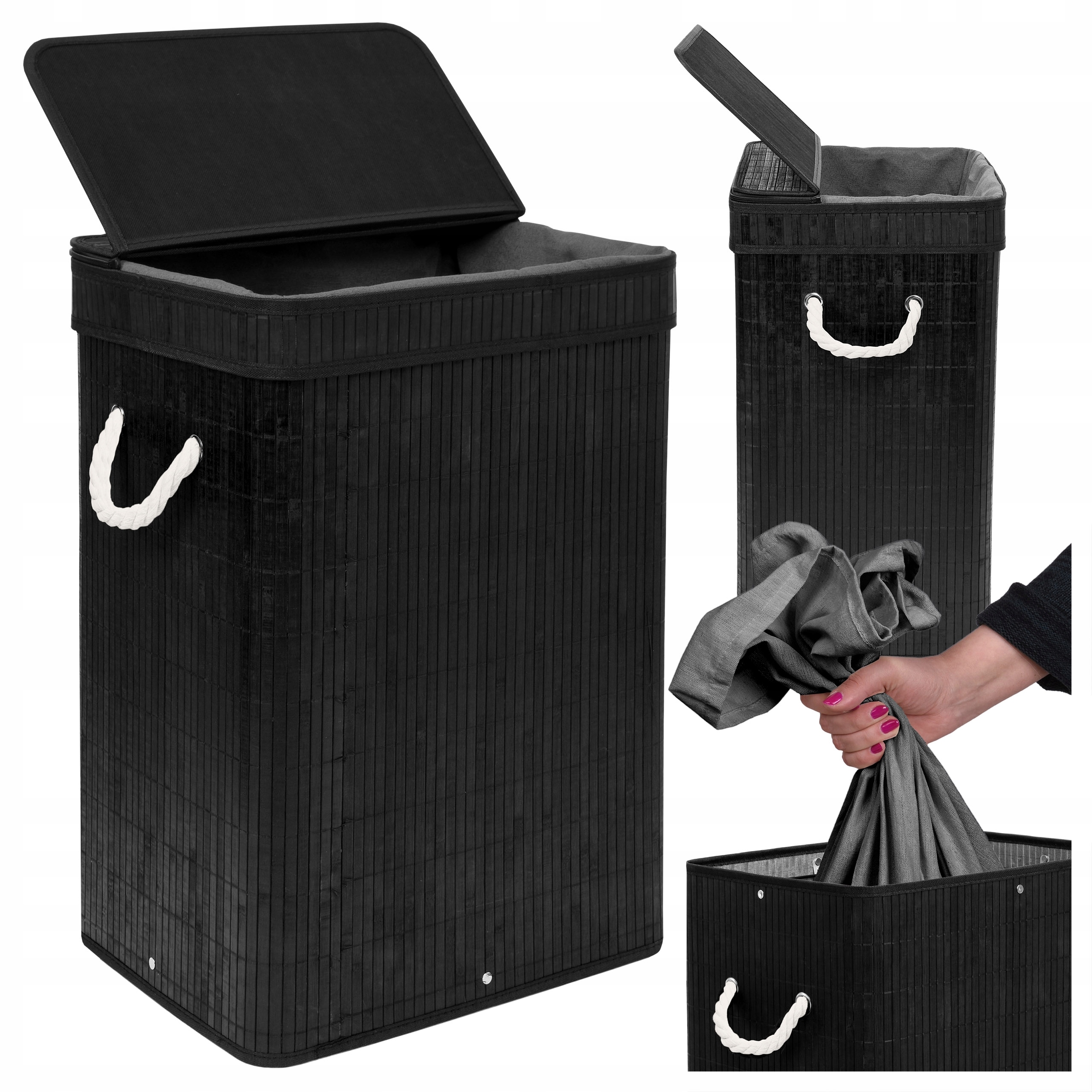 Bambusový koš na prádlo s víkem Soren 80L černý