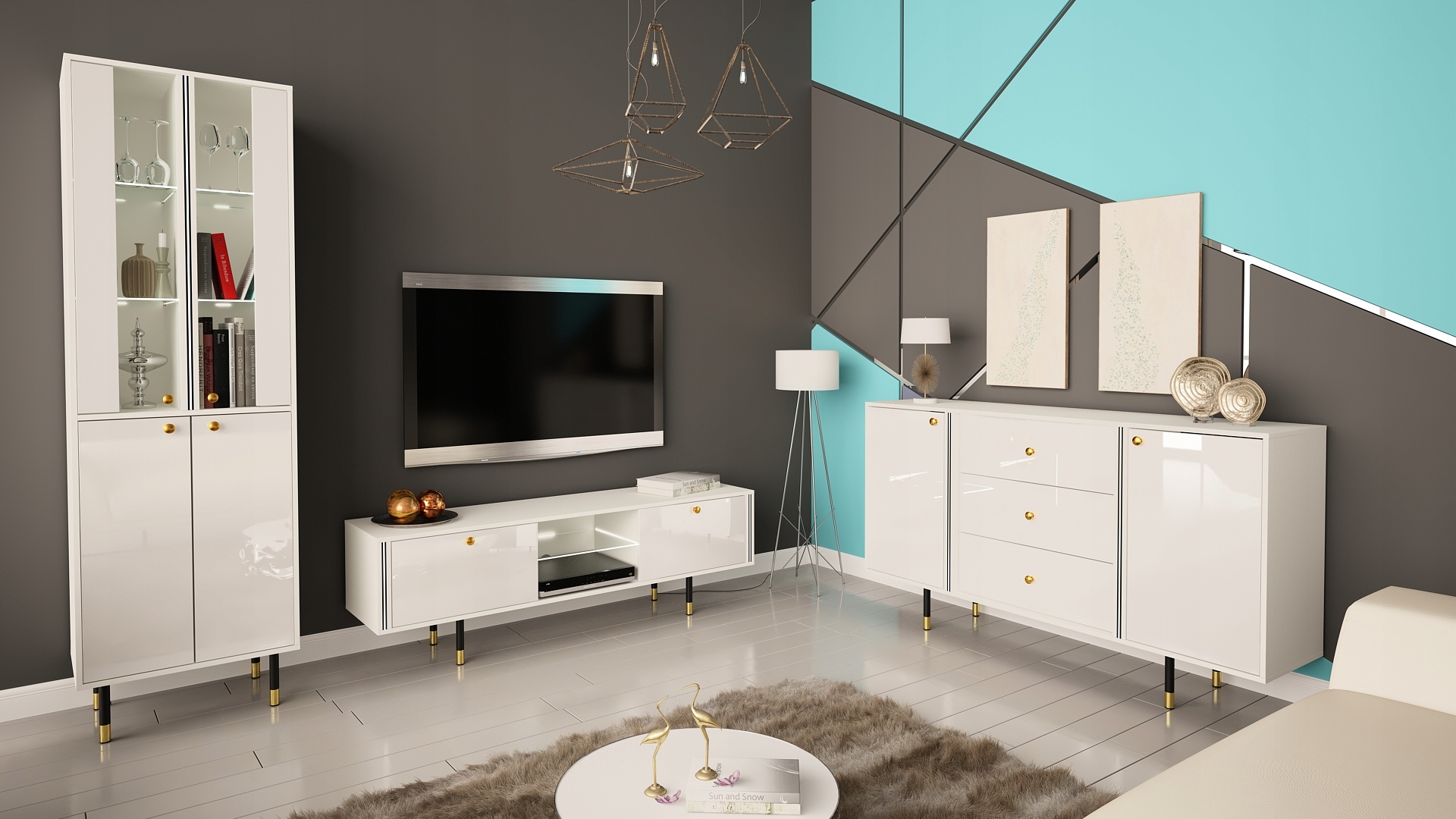 WITRYNA CRISTAL 5 200cm BIAŁY MAT POŁYSK+LED Kolor mebla biały