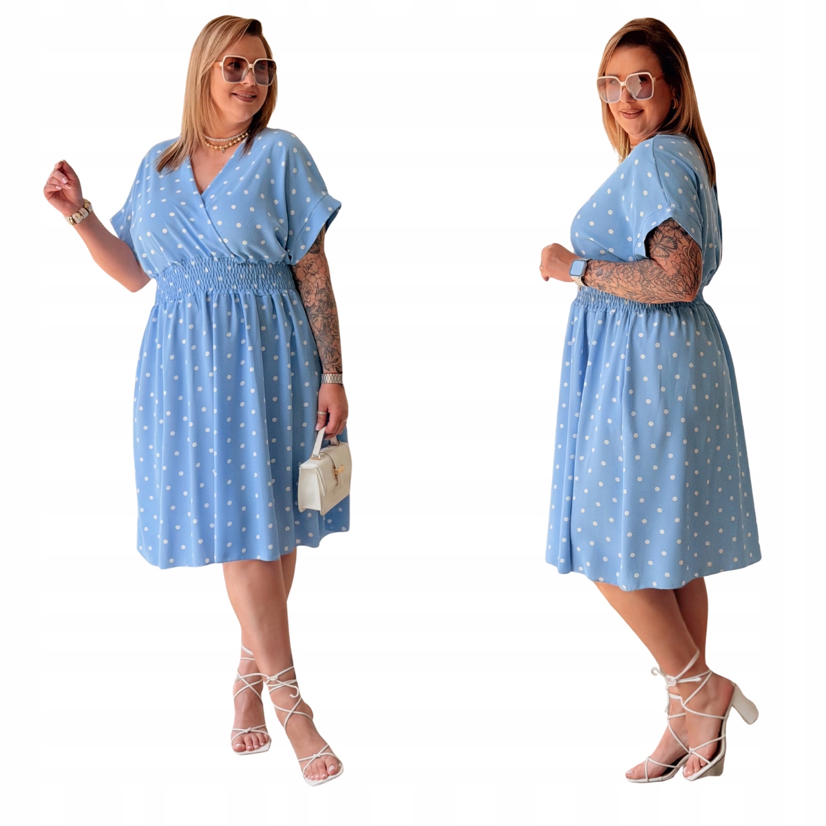 Sukienka Midi Wiązana Groszki Plus Size Duże Rozmiary Cavaricci Błękitna