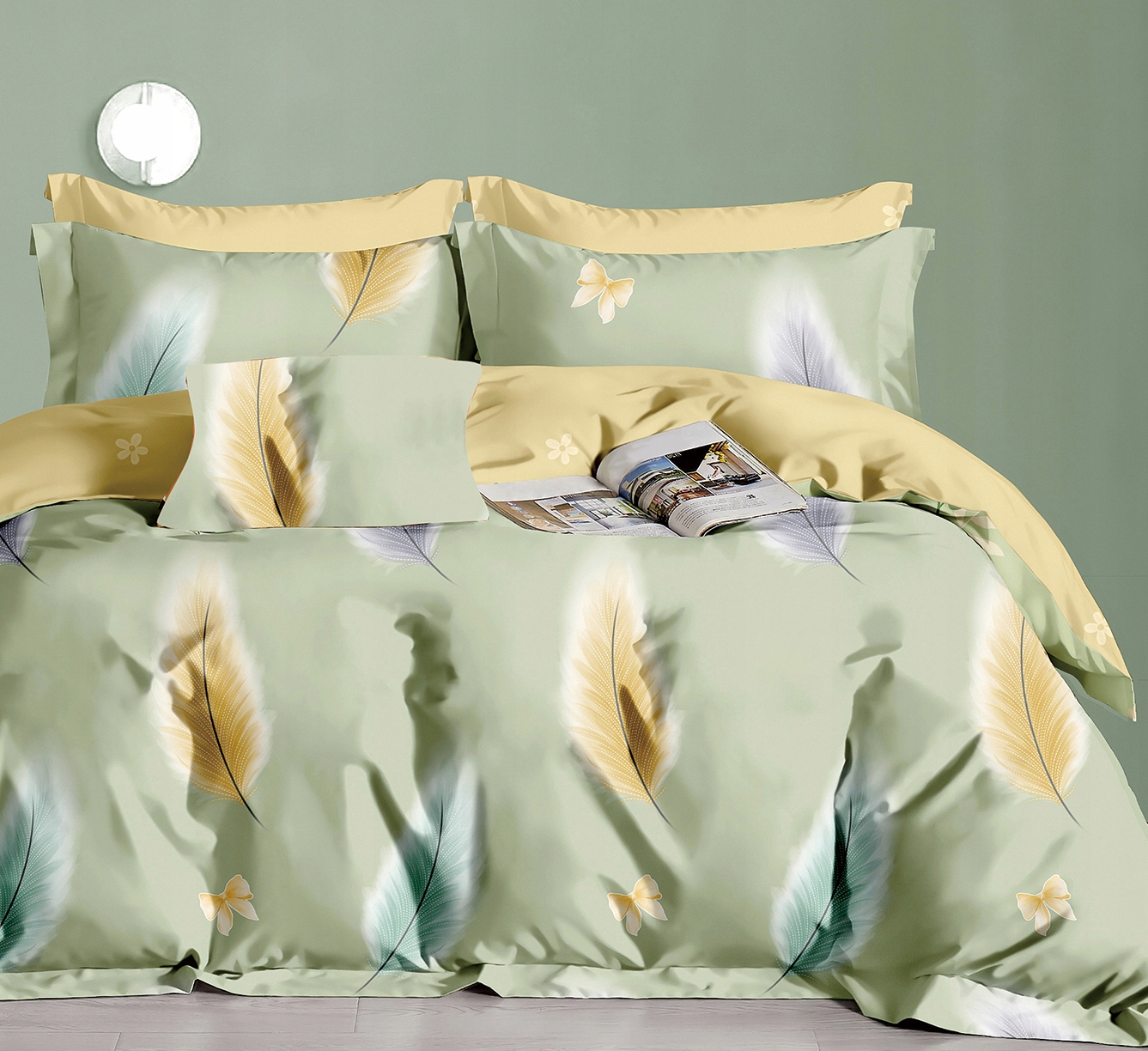 3dílná sada povlečení na peřinu ze 100% bavlny se světle zeleným peřím do ložnice 220×200 cm
