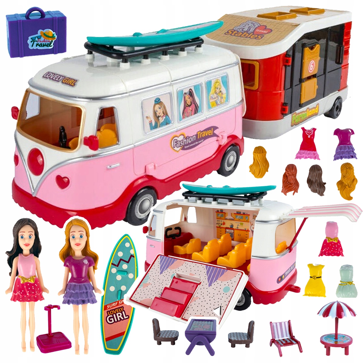 Kamper WIELKIE AUTO Autobus z Przyczepką Lalek Rozkładany Otwierany Domek Szerokość produktu 13 cm