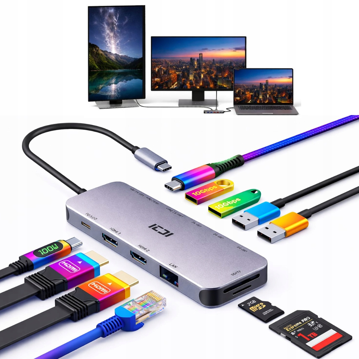 Usb-c dokovací stanice pro 2 monitory, rozšíření obrazu pro notebook Toshiba