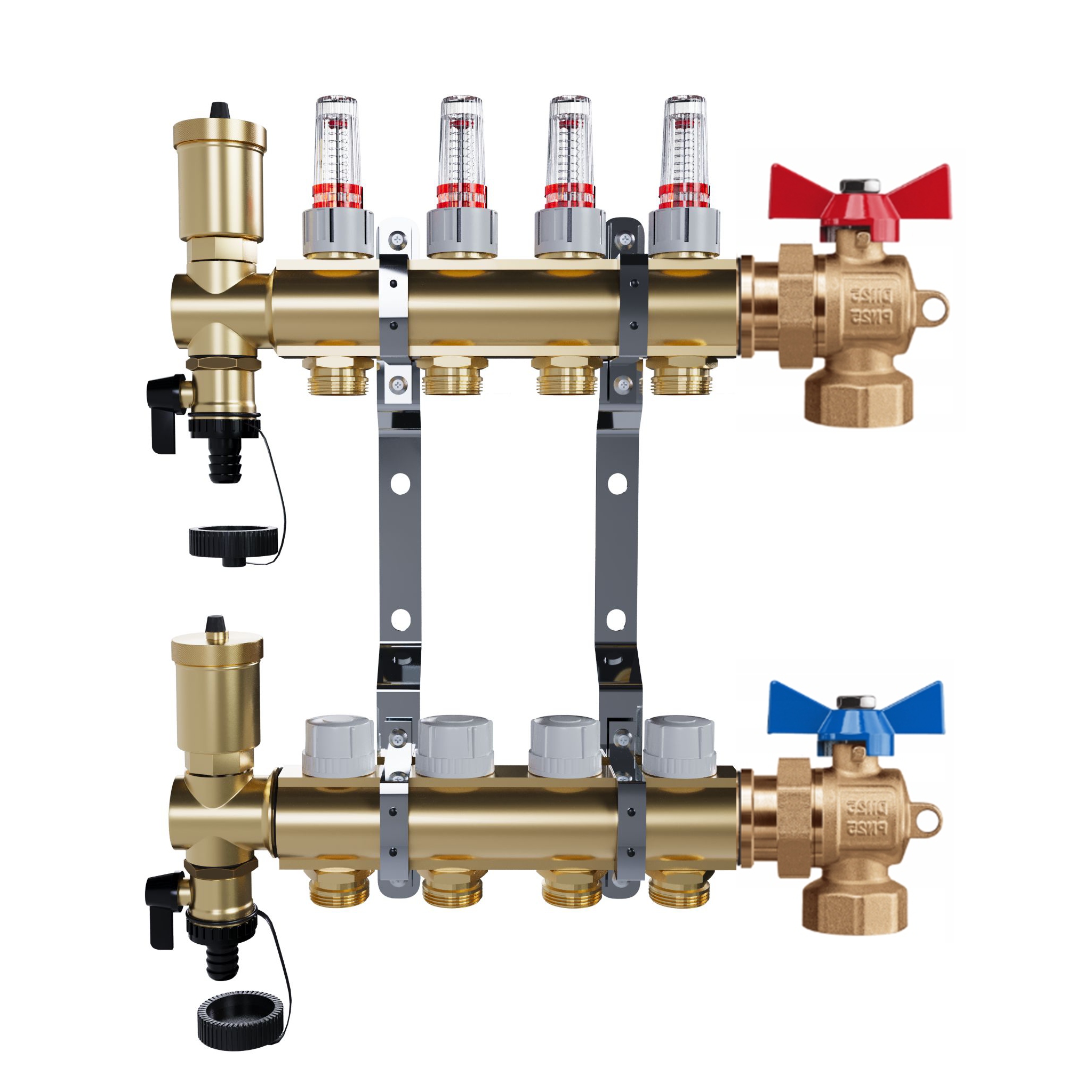 Rozdělovač pro podlahové vytápění – 4 okruhy úhlové kulové ventily