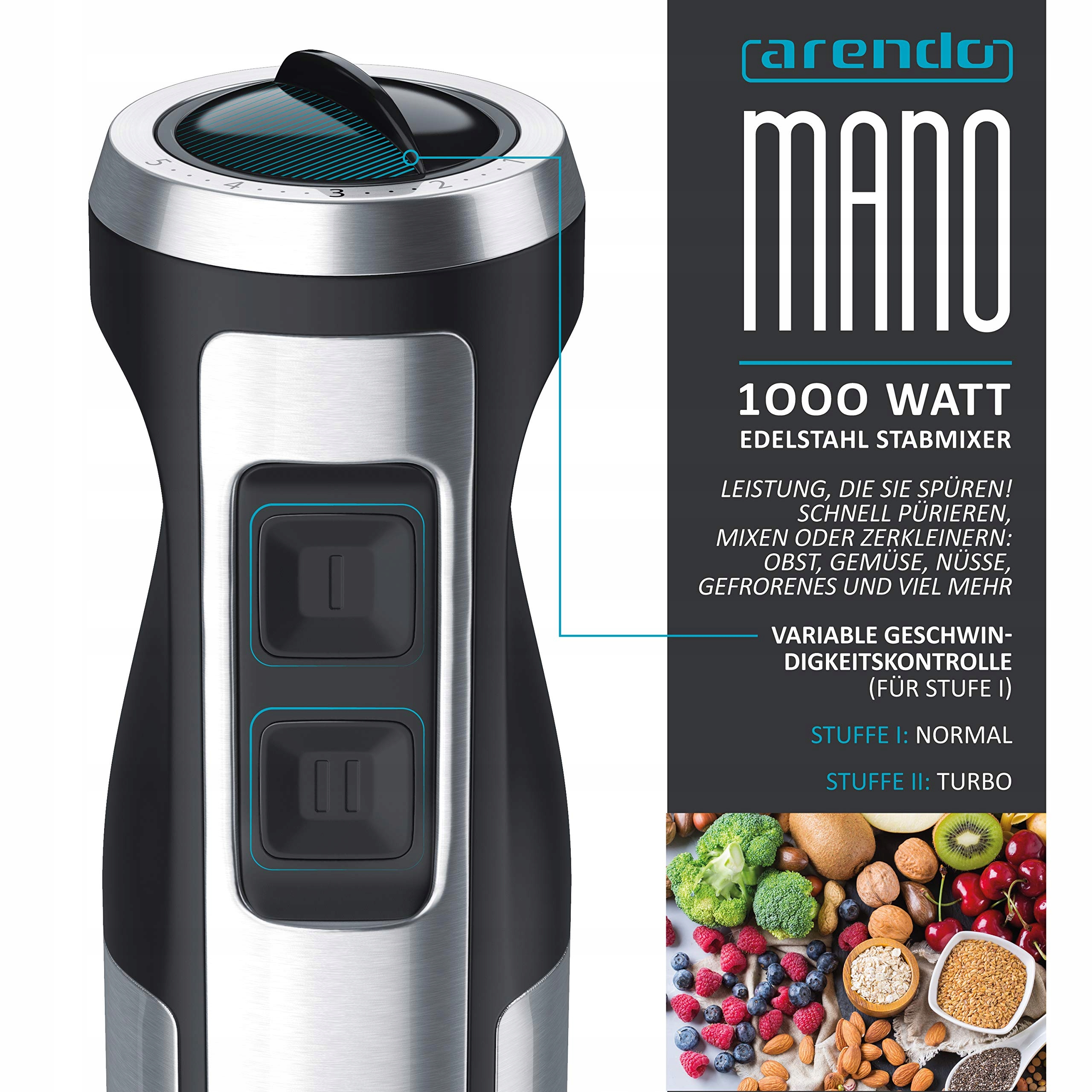 ARENDO Blender Ręczny 1000W Stal Nierdzewna Regulacja Prędkości Turbo — miniatura 3