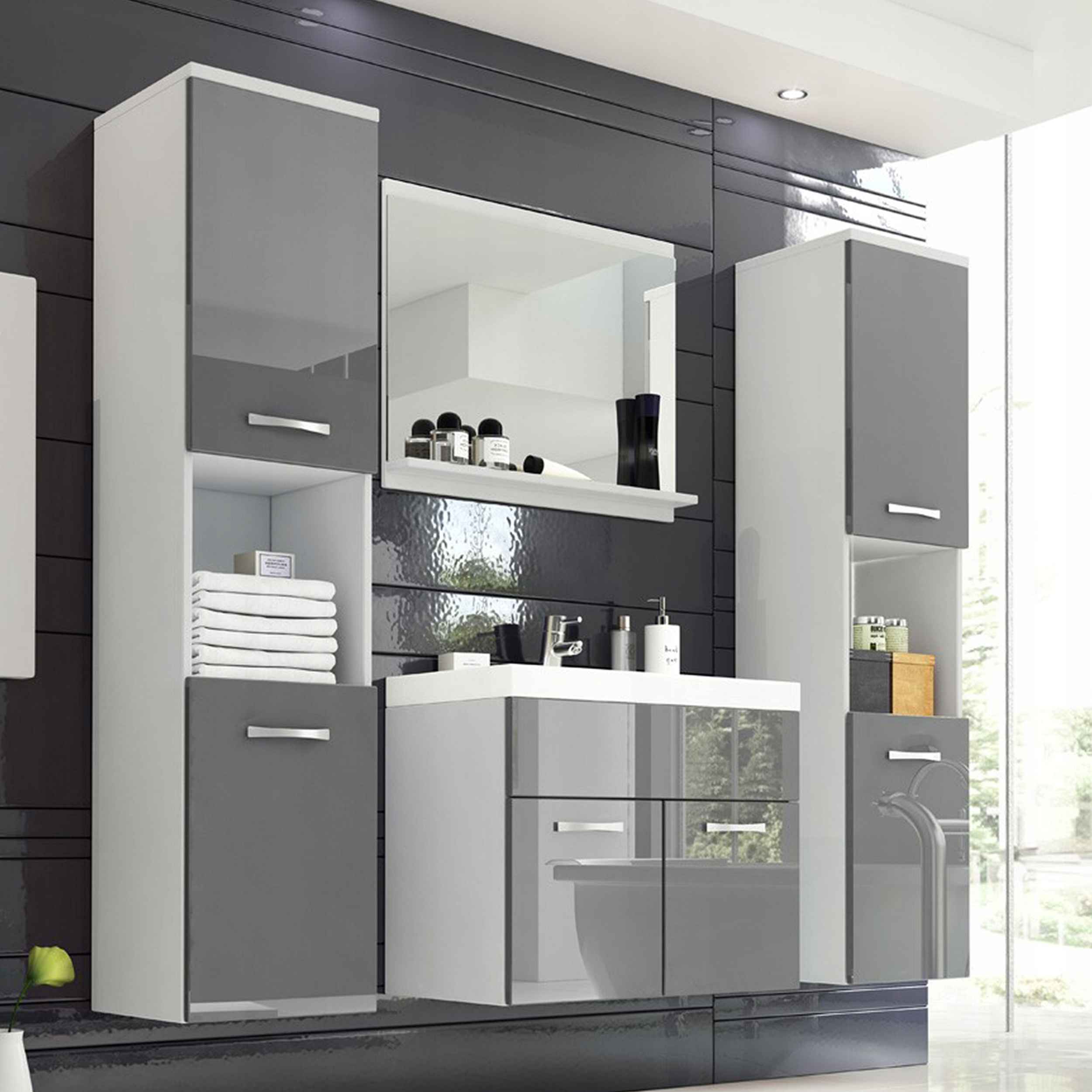 

Meble łazienkowe lustro szafka umywalka 2x słupek