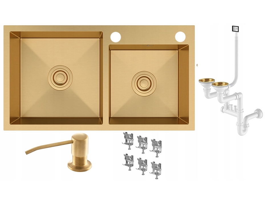 Zlatý Oceľový Drez 2 Komory Dávkovač Odkvapkávača Sifón BARI784