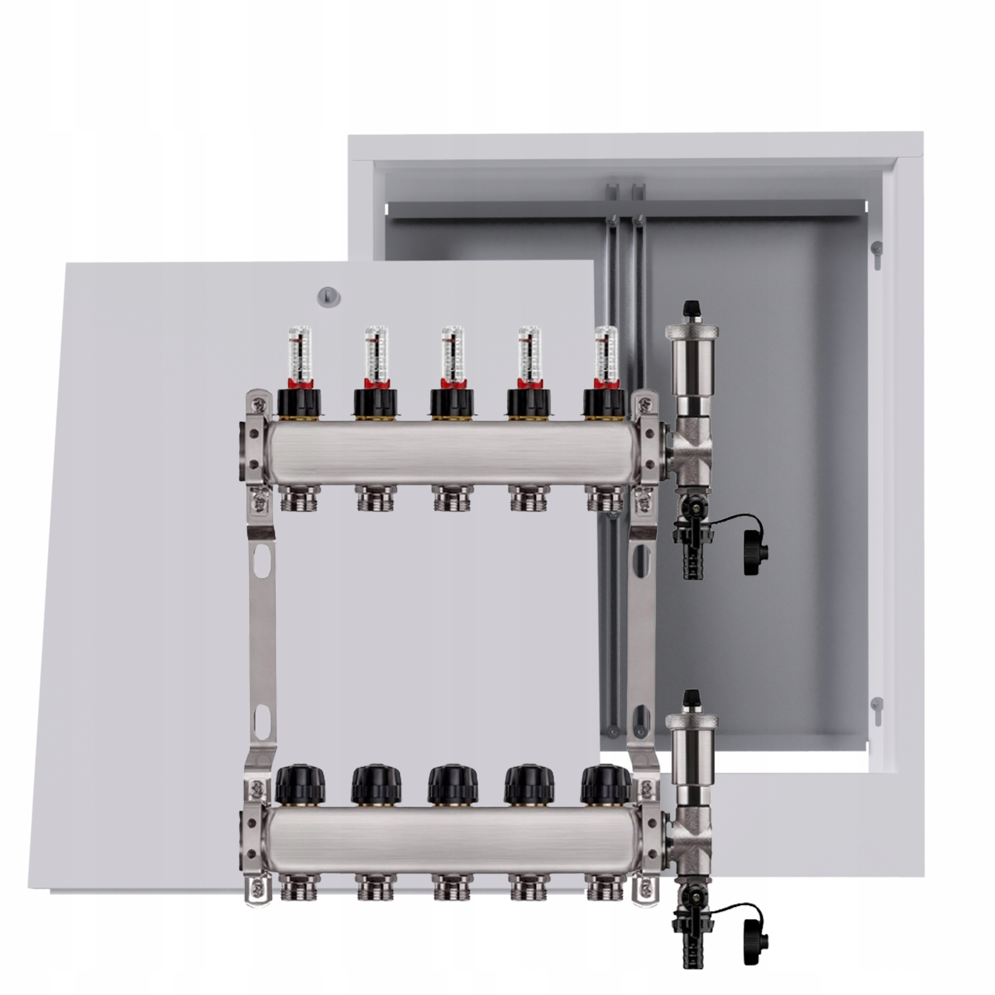 Nerezový rozdělovač pro podlahovku 5 okruhů s nástěnnou schránkou