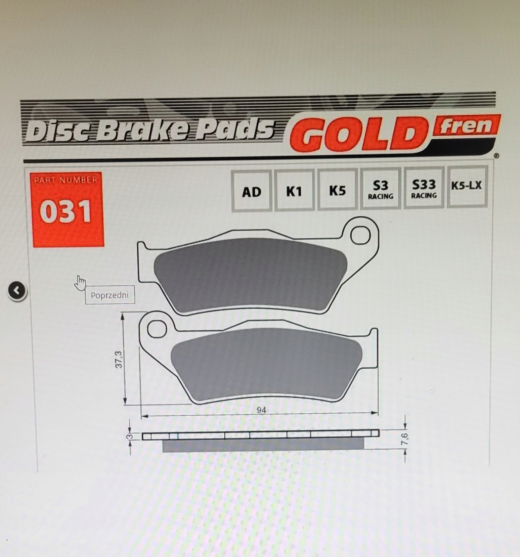 KLOCKI HAMULCOWE GOLD 031K1 HONDA WIELE MOTOCYKLI!