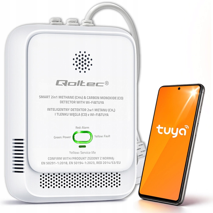 Detektor plynu a oxidu uhelnatého WiFi Tuya Qoltec 2v1 detektor Co CH4 alarm 85 dB 3-5 let