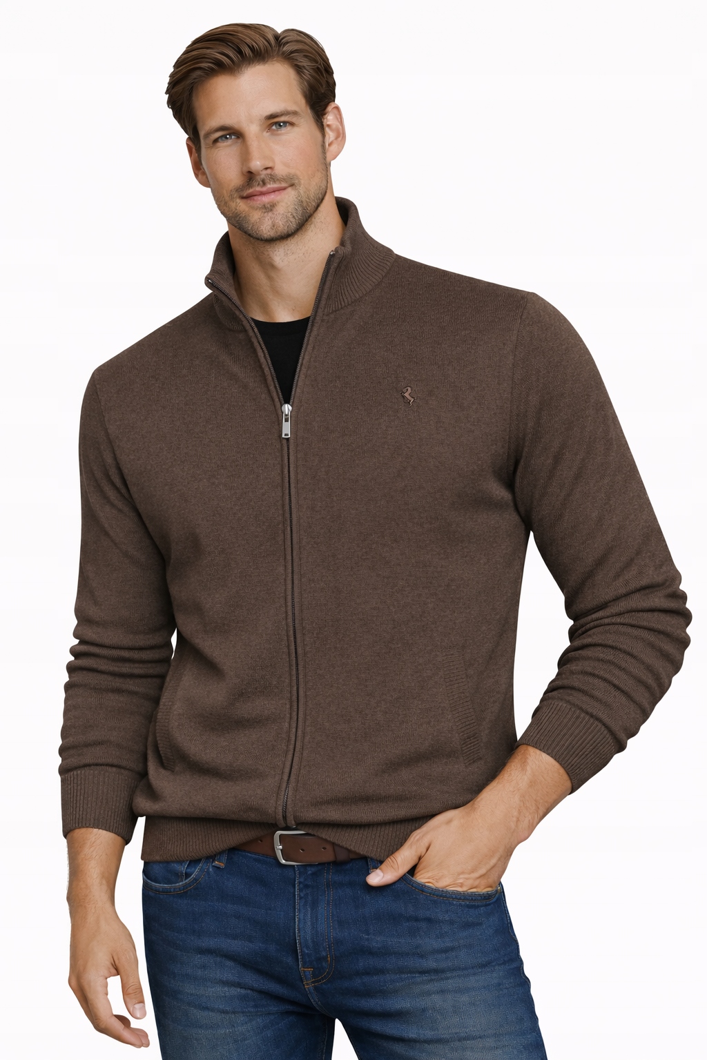 Sweter męski rozpinany na stójce na suwak bawełna półgolf ciemny brąz M