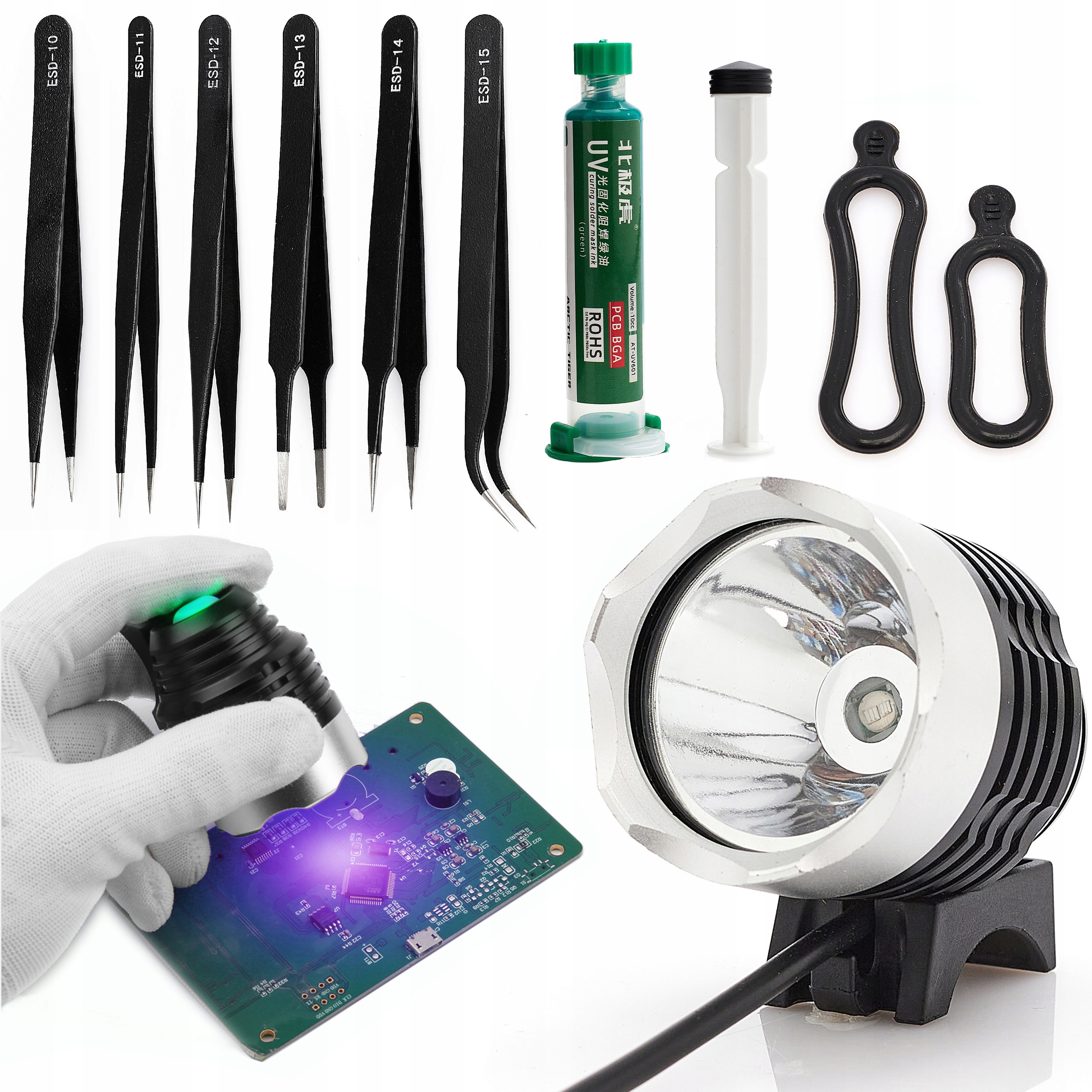 LAMPA UV SOLDERMASKA SOLDER MASK ZESTAW 6 PRECYZYJNYCH PĘSET TECHREBAL