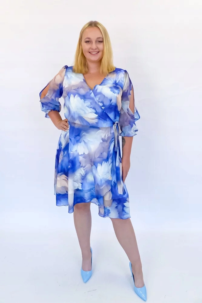 Modrobéžová vzdušná Šaty Midi s výstřihem do V 40