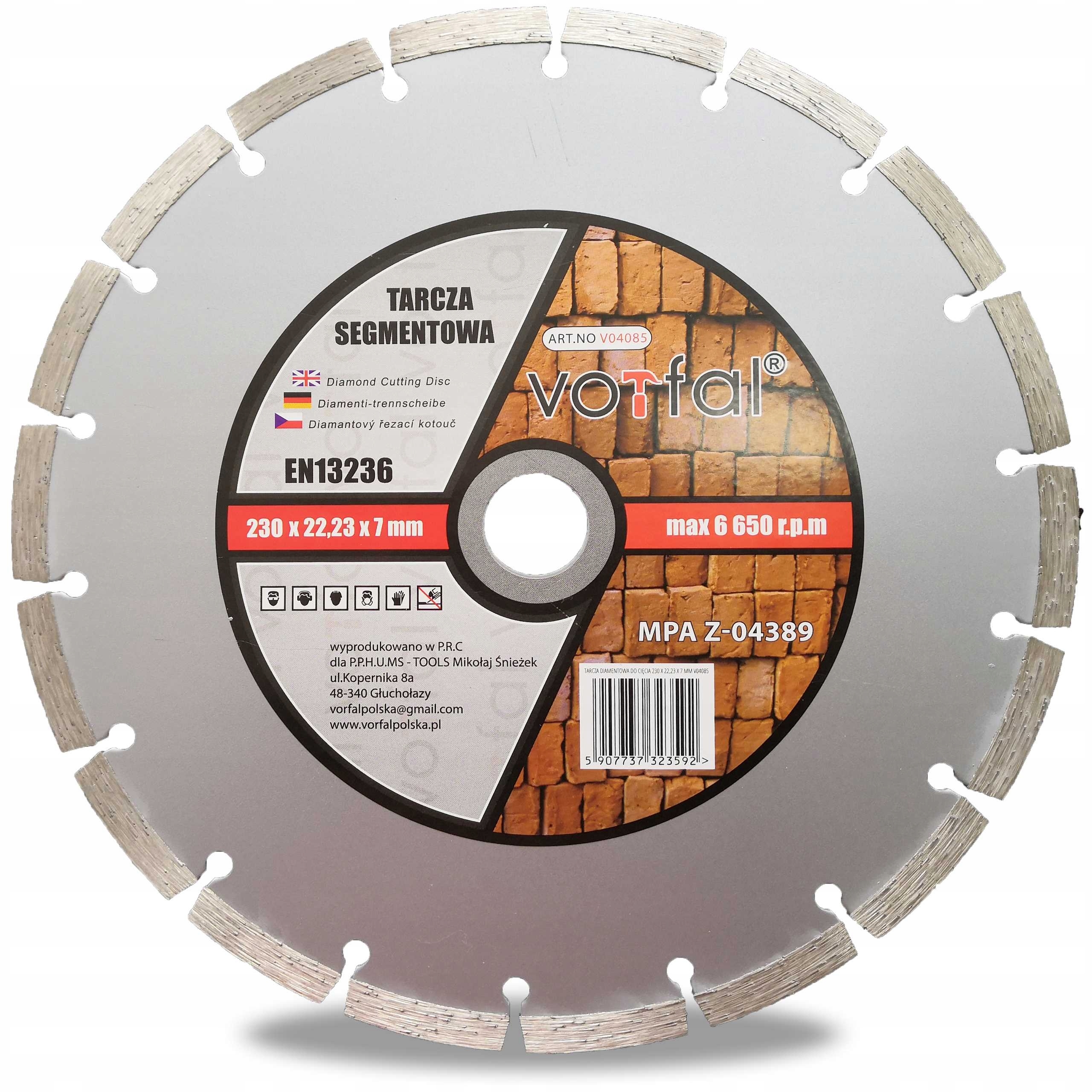 

Tarcza Diamentowa Segment Betonu Kostki 230 MM