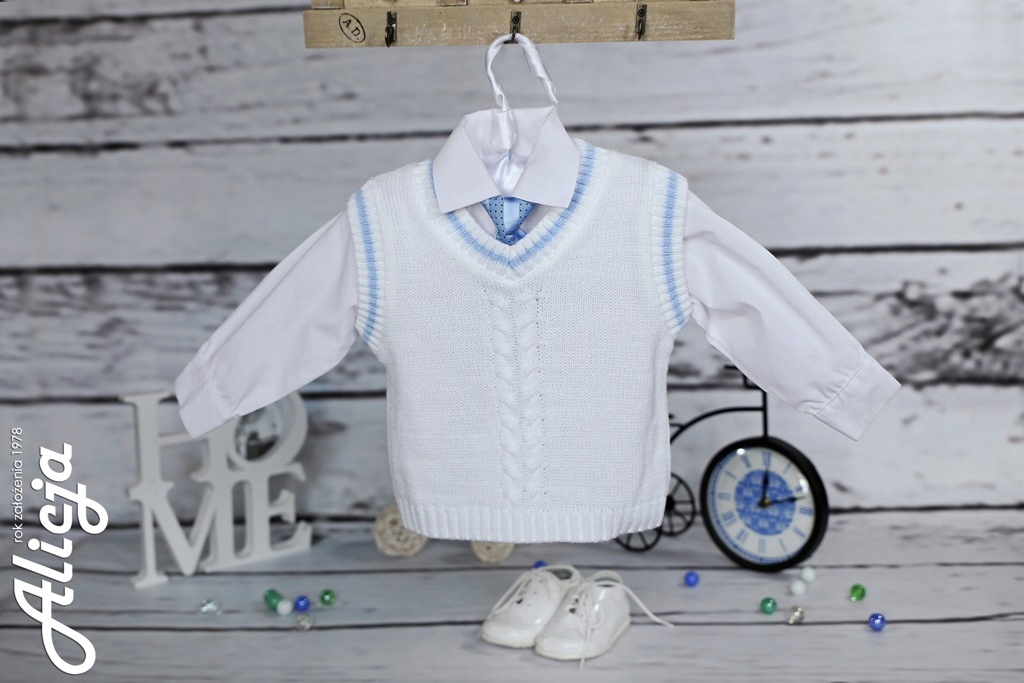 BIAŁA KAMIZELKA DO CHRZTU z niebieskim rozm. 80cm Marka Inna marka